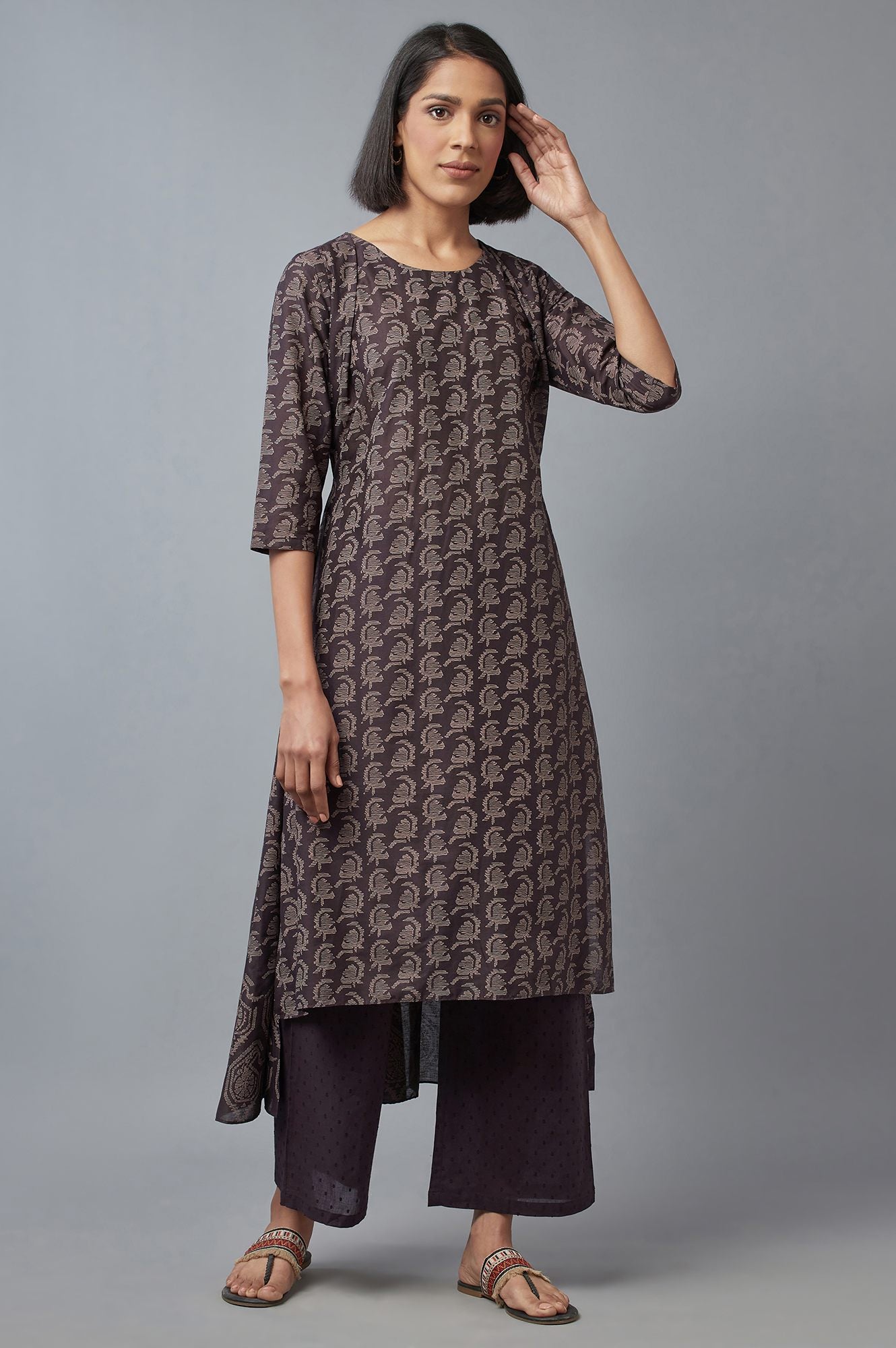 Brown Paisley Printed Pure Cotton Flared Kurta and Parallel Pants Set