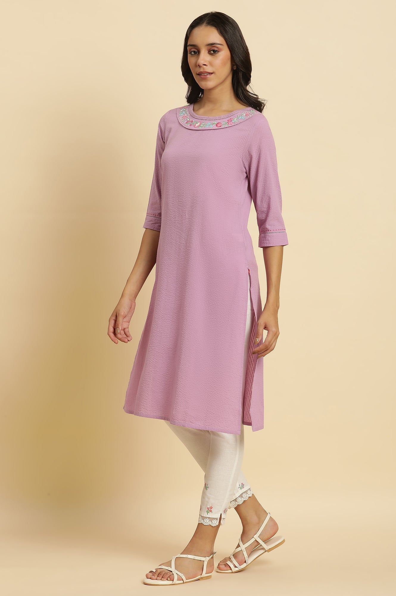 Light Purple Seer Sucker Cotton Embroidered Straight Kurta and Pants Set