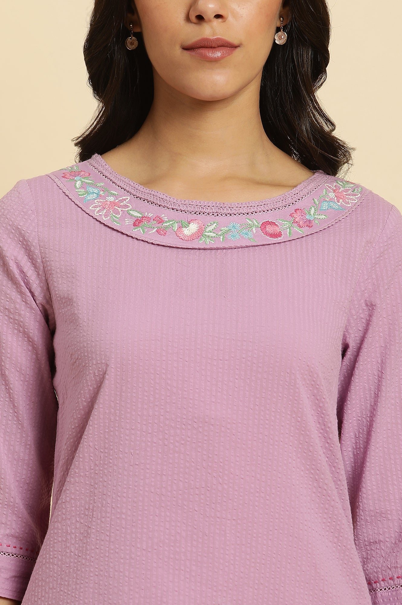 Light Purple Seer Sucker Cotton Embroidered Straight Kurta and Pants Set