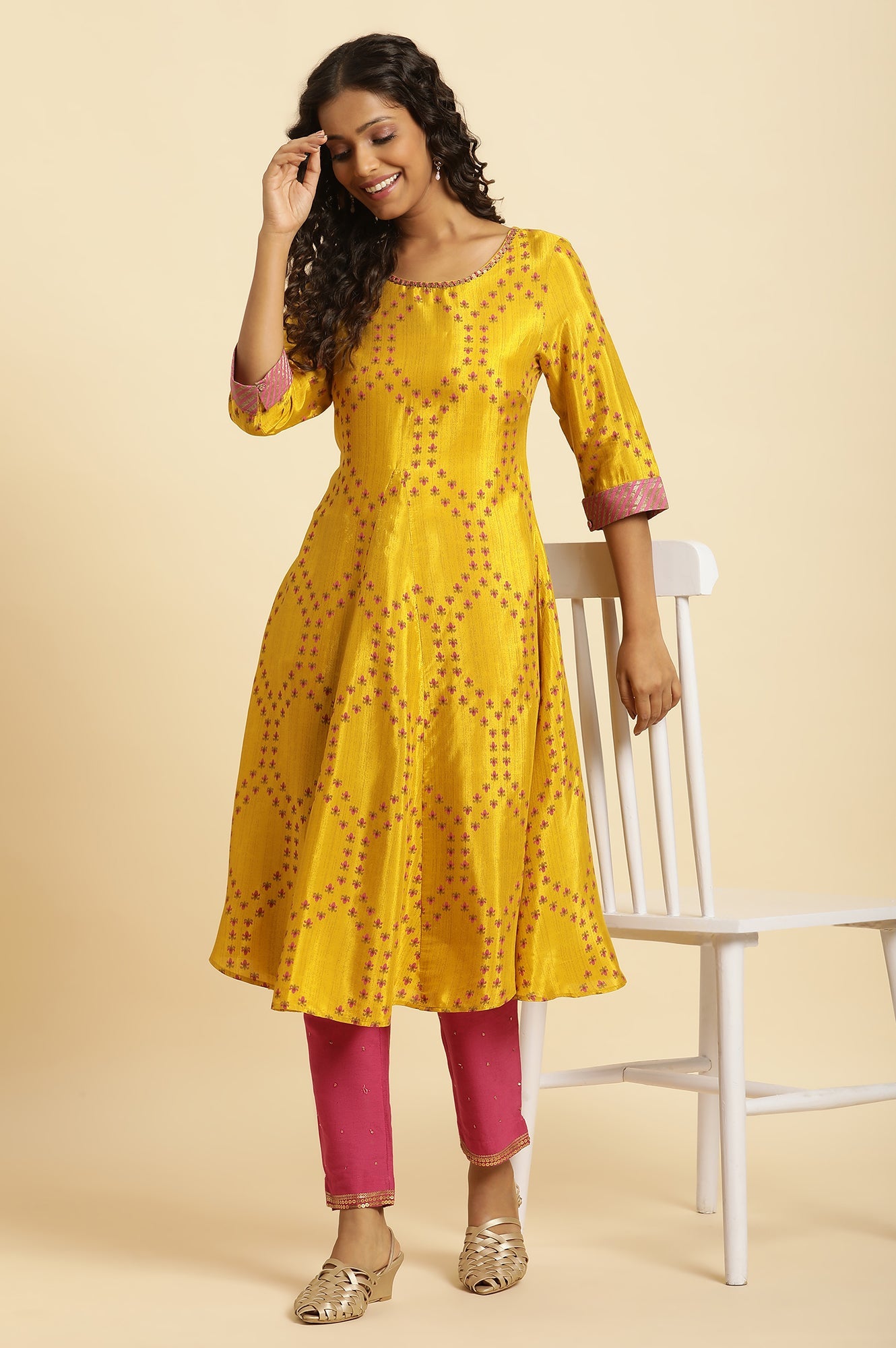 Yellow Geometric Printed Shantung Flared Kurta and Pants Set