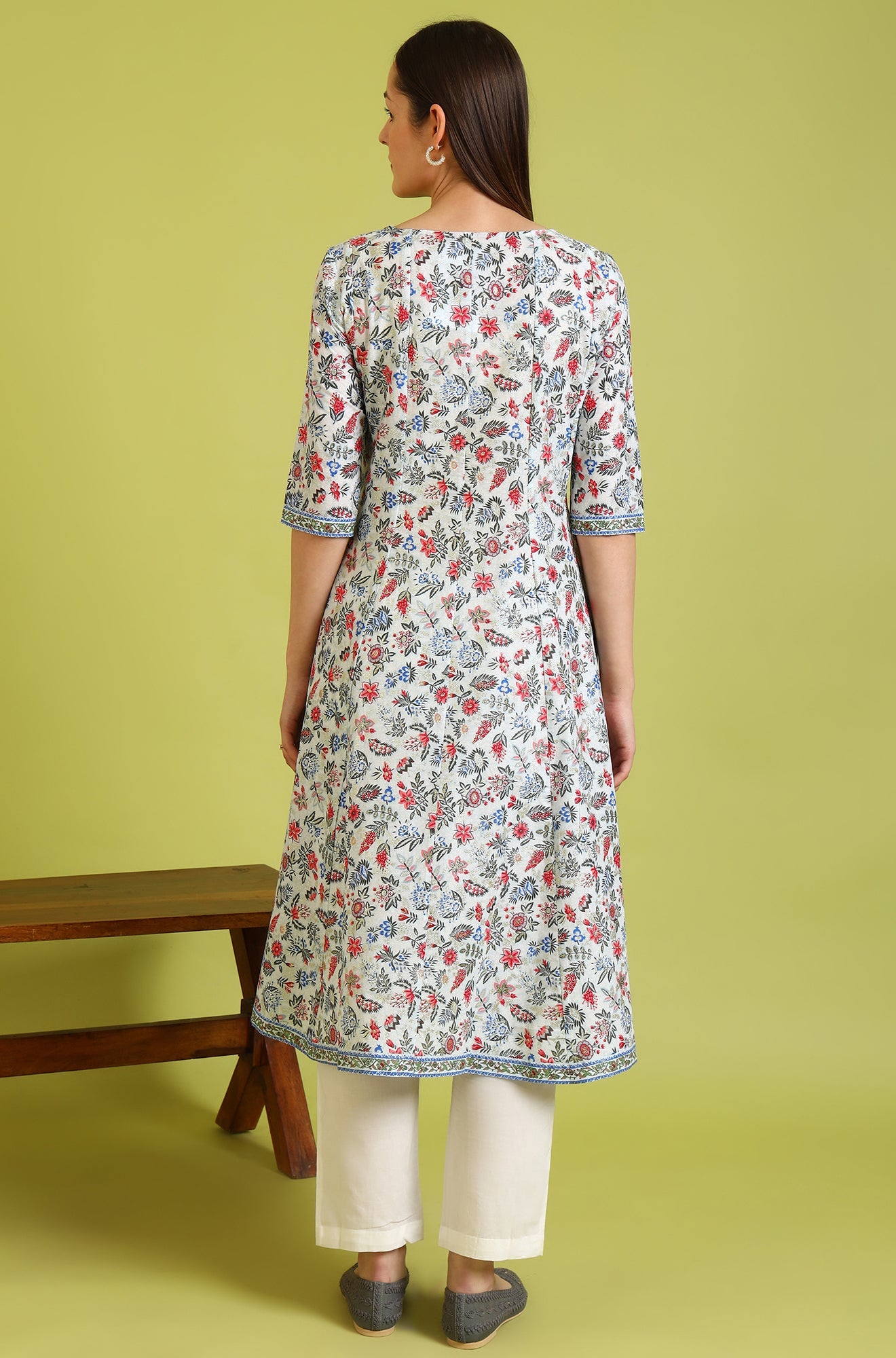 Light Blue Floral Glitter Printed Pure Cotton Anarkali Kurta