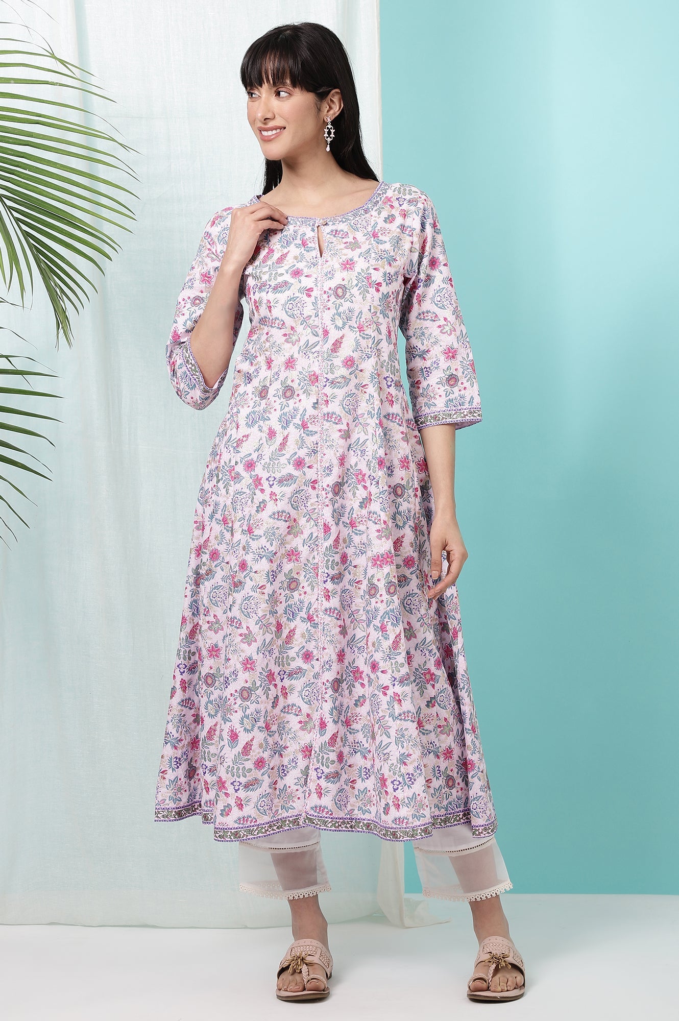 Pink Floral Glitter Printed Pure Cotton Anarkali Kurta