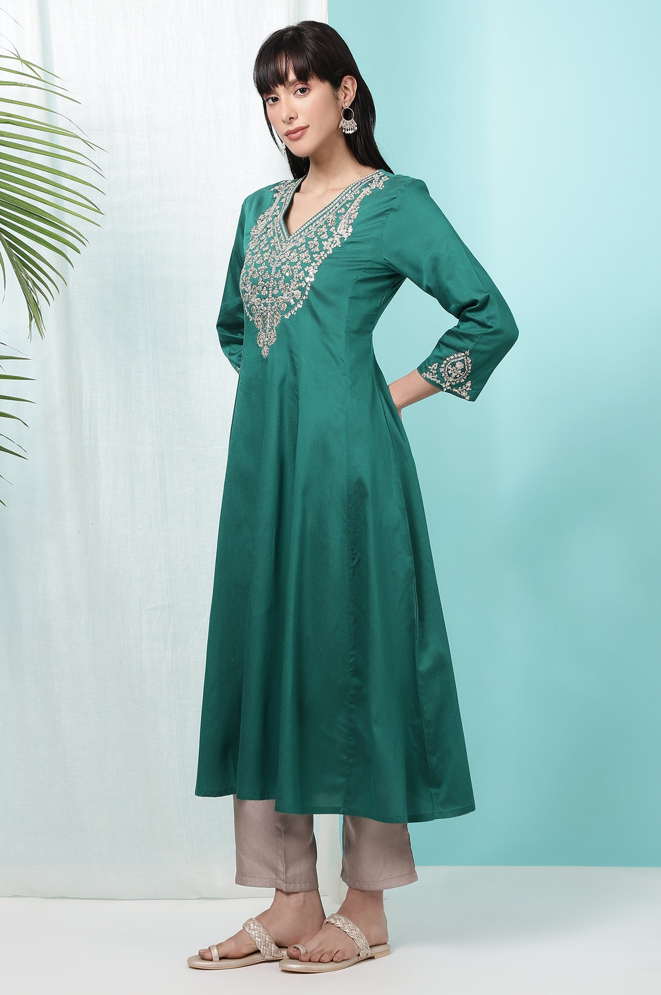 Dark Green Embroidered Flared Festive Kurta