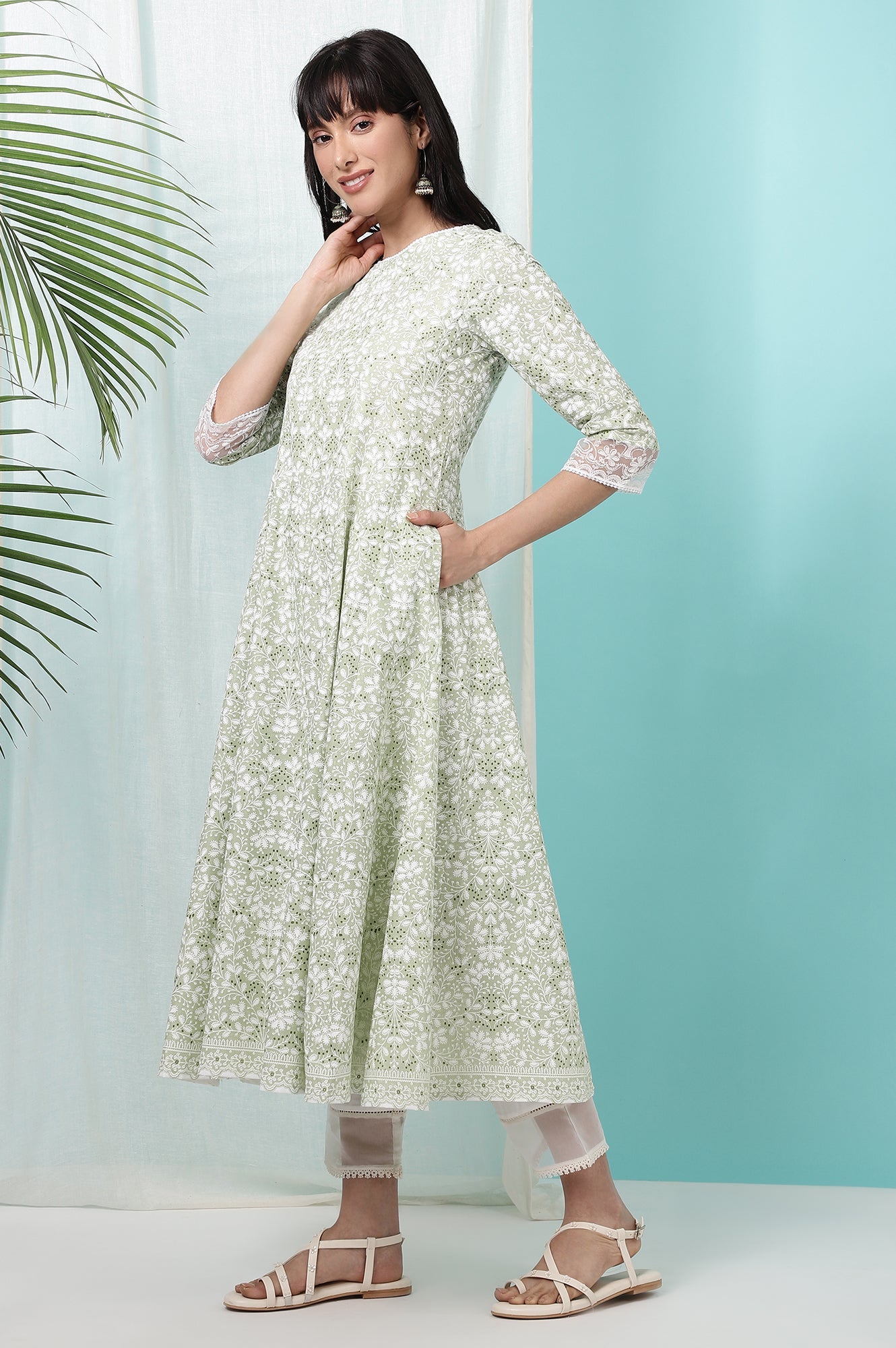 Green Floral Printed Pure Cotton Anarkali Kurta