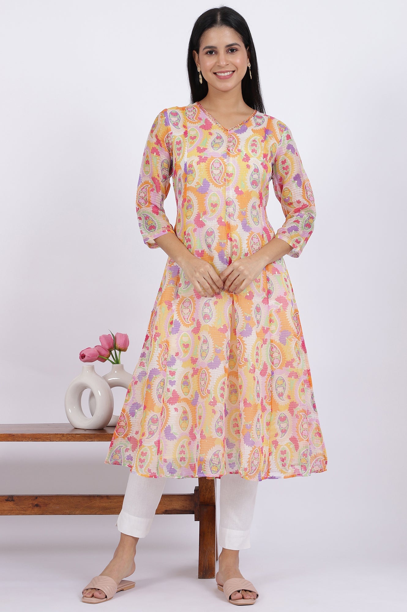 Printed Kota Doria Anarkali Kurta