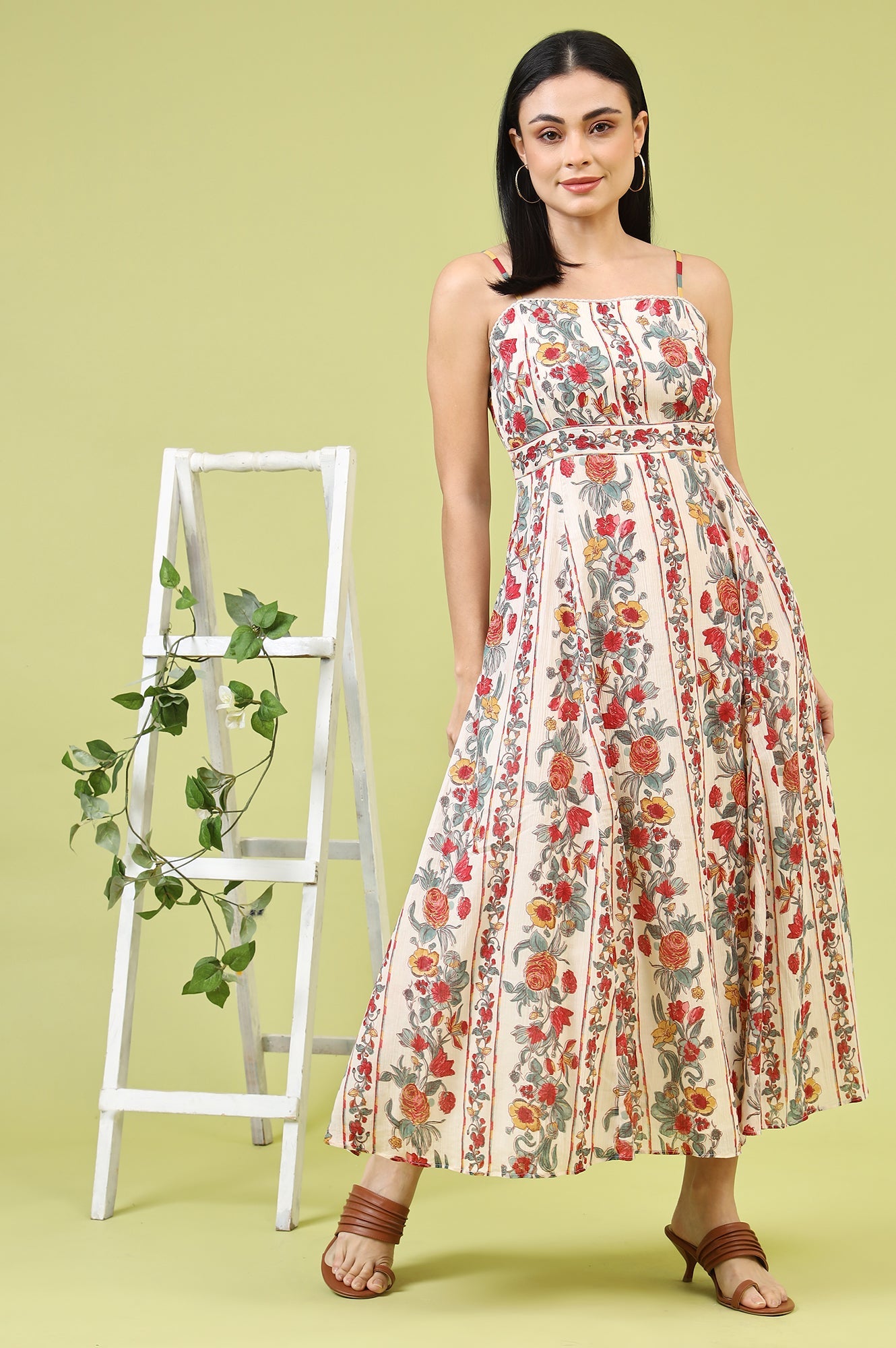 Off-White Vibrant Floral Printed Pure Cotton Flared Spaghetti Dress