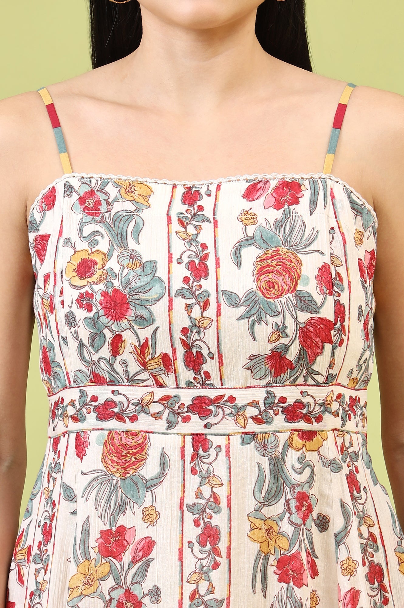 Off-White Vibrant Floral Printed Pure Cotton Flared Spaghetti Dress