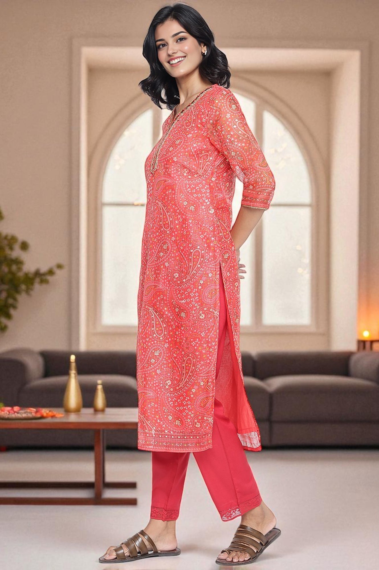 Ruby Red Printed Kota Doria Straight Kurta