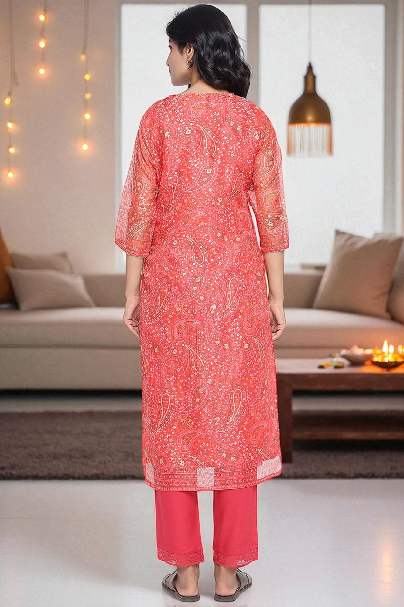 Ruby Red Printed Kota Doria Straight Kurta
