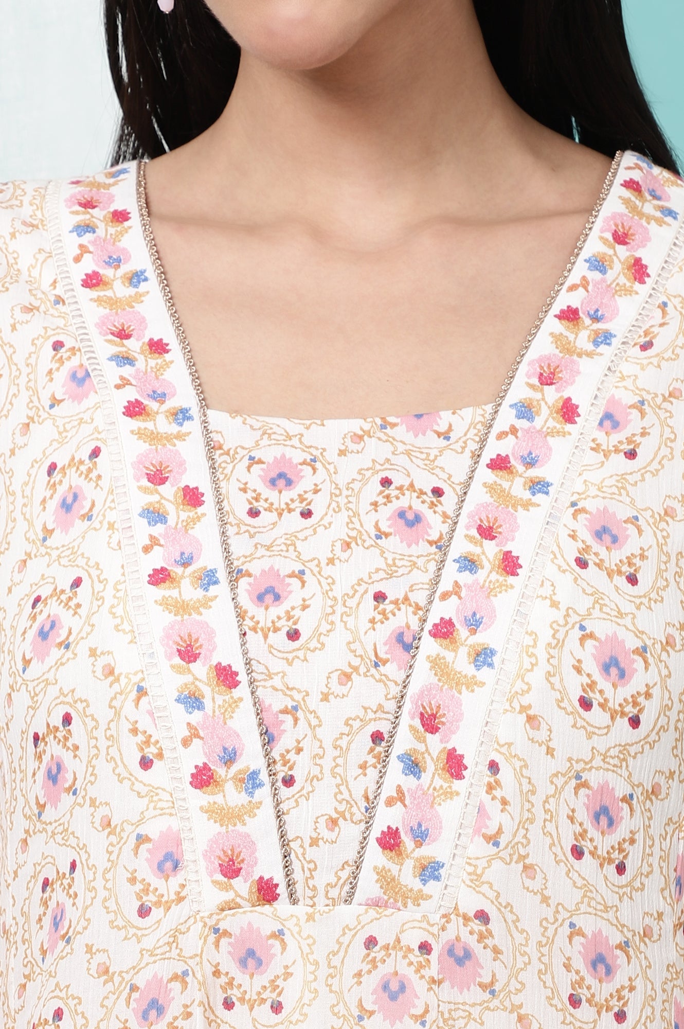 White Floral Printed Pure Cotton A-line Kurta with Embroidery