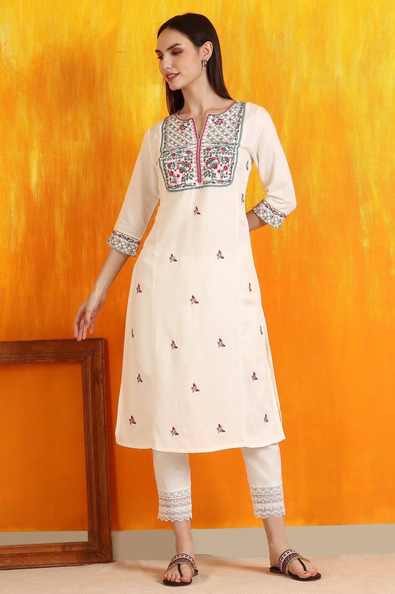 Off-White Embroidered Yoke Rayon Flax Straight Kurta