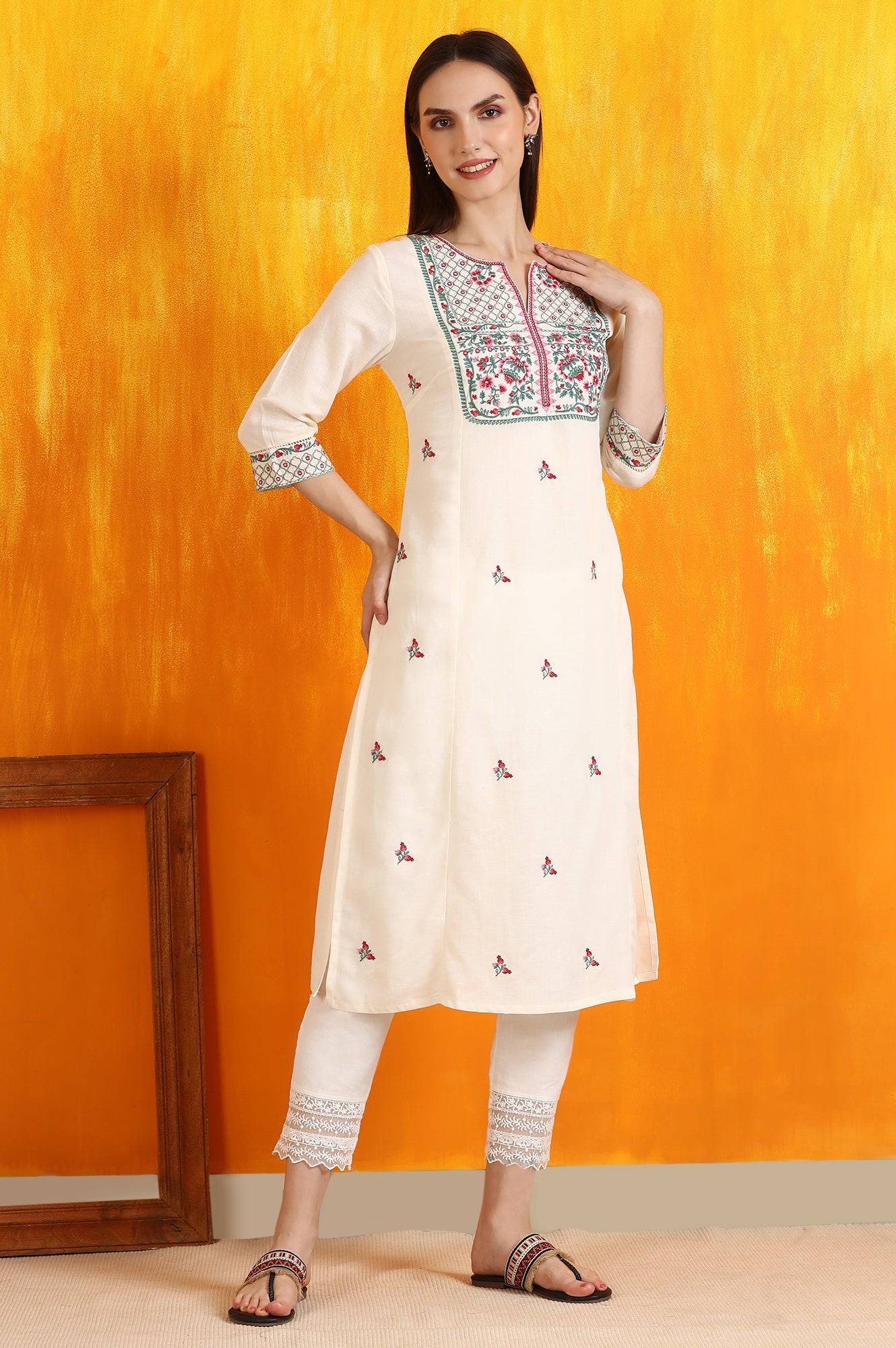 Off-White Embroidered Yoke Rayon Flax Straight Kurta