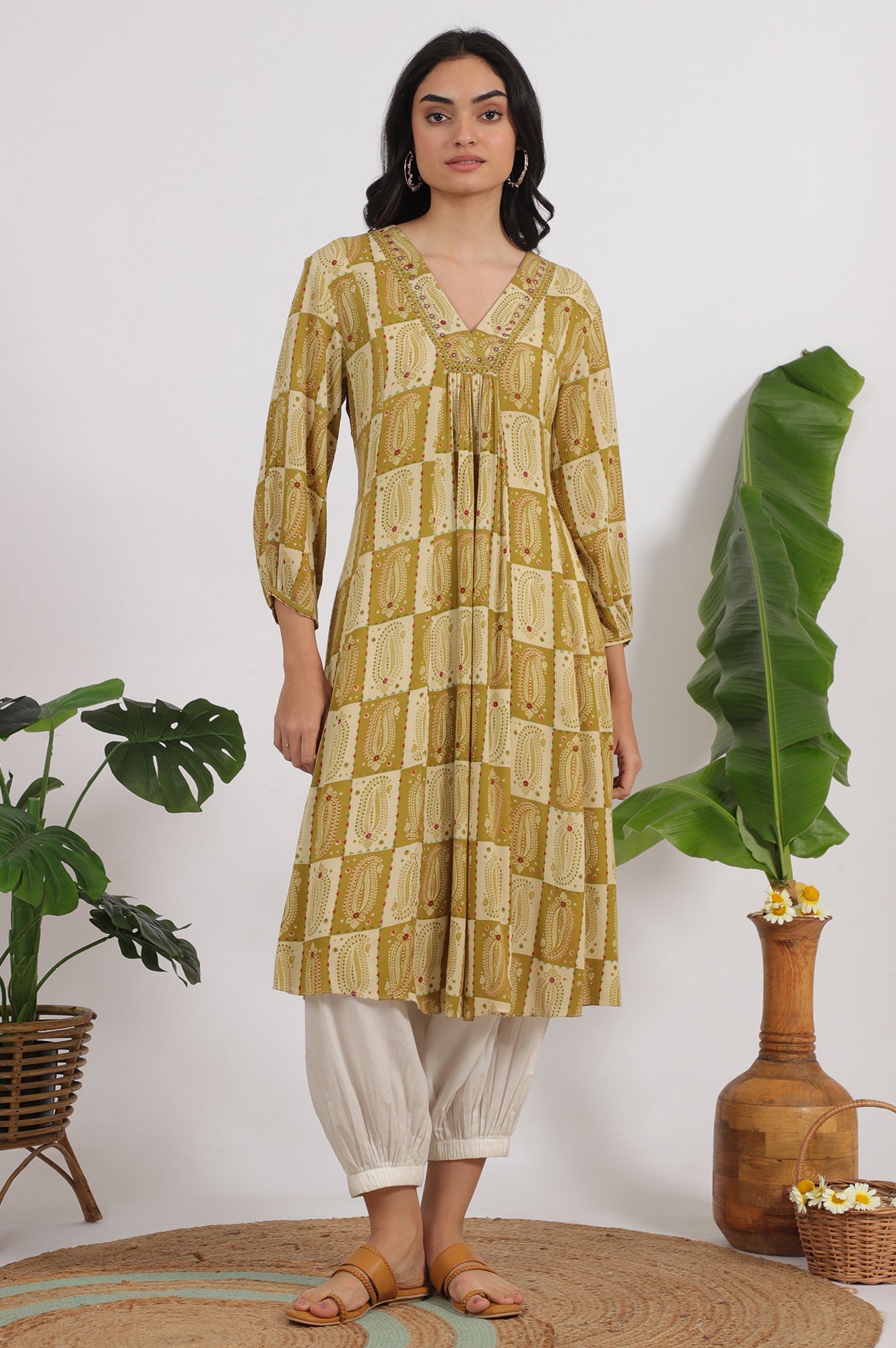Green Paisley Printed Cotton Crepe Gathered Kurta with Mirror Embroidery