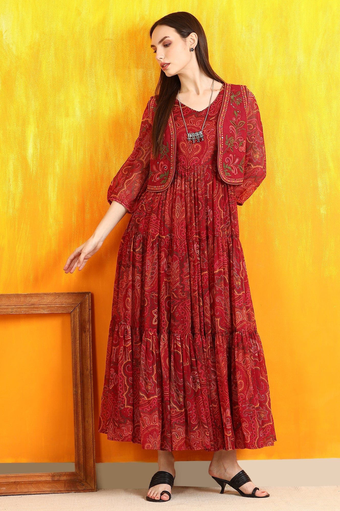 Red Paisley Printed Chiffon Gathered Dress and Waistcoat