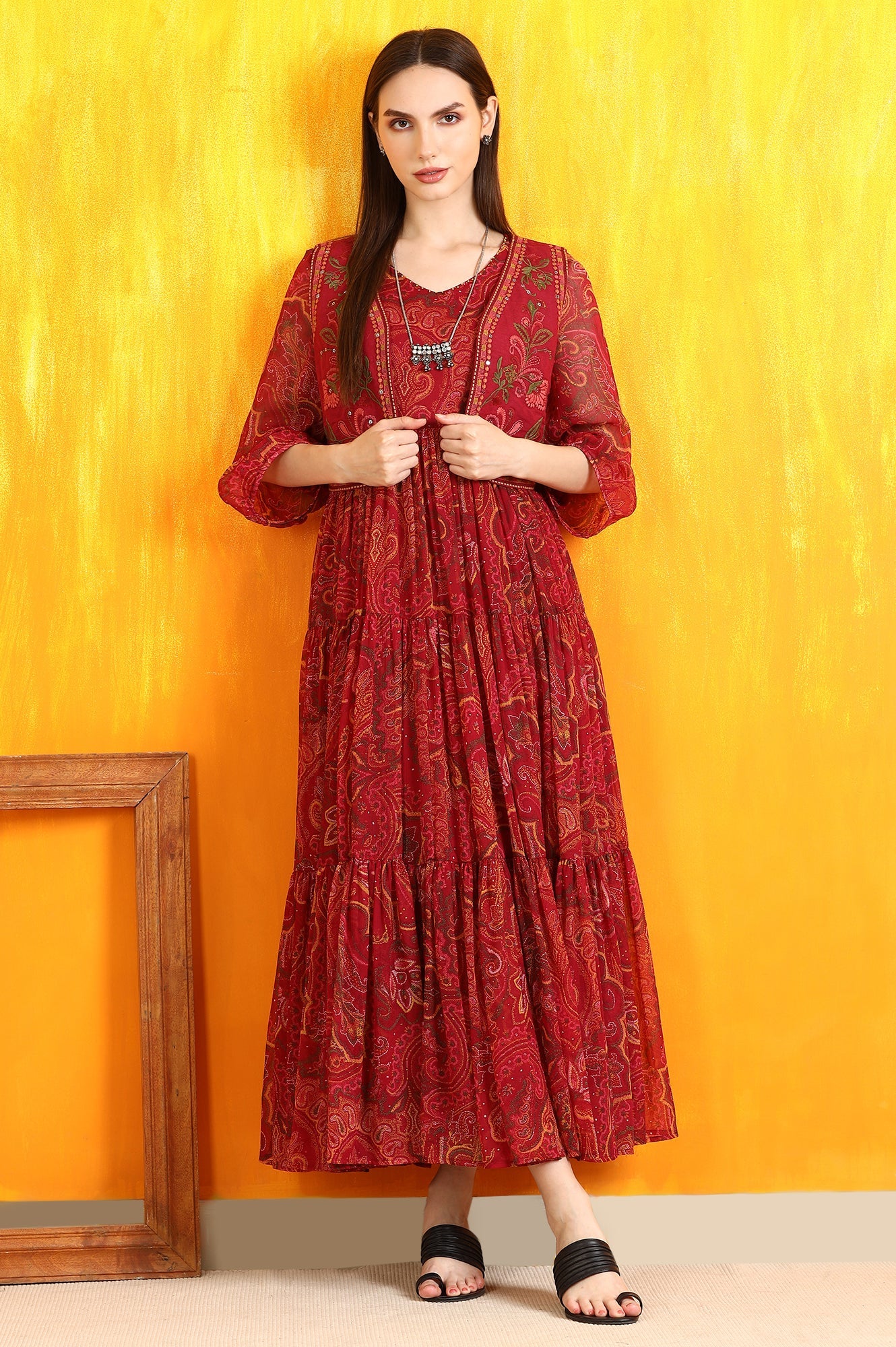 Red Paisley Printed Chiffon Gathered Dress and Waistcoat