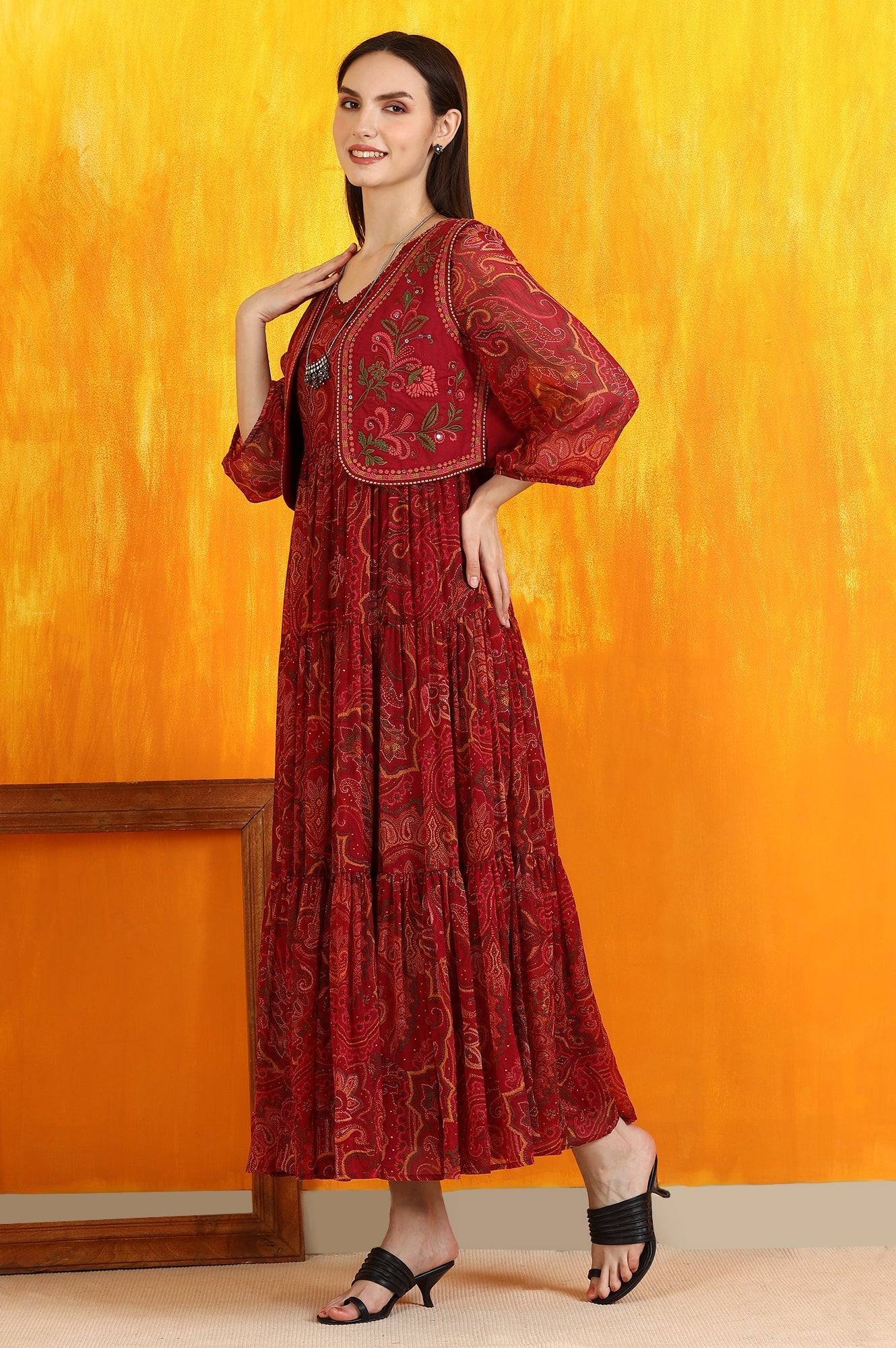 Red Paisley Printed Chiffon Gathered Dress and Waistcoat