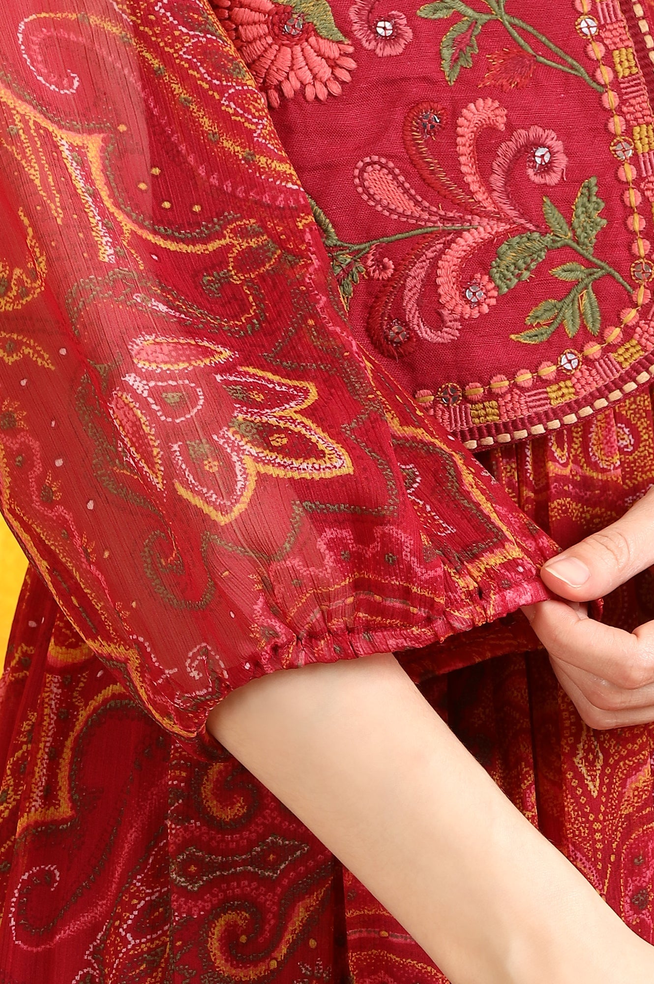 Red Paisley Printed Chiffon Gathered Dress and Waistcoat