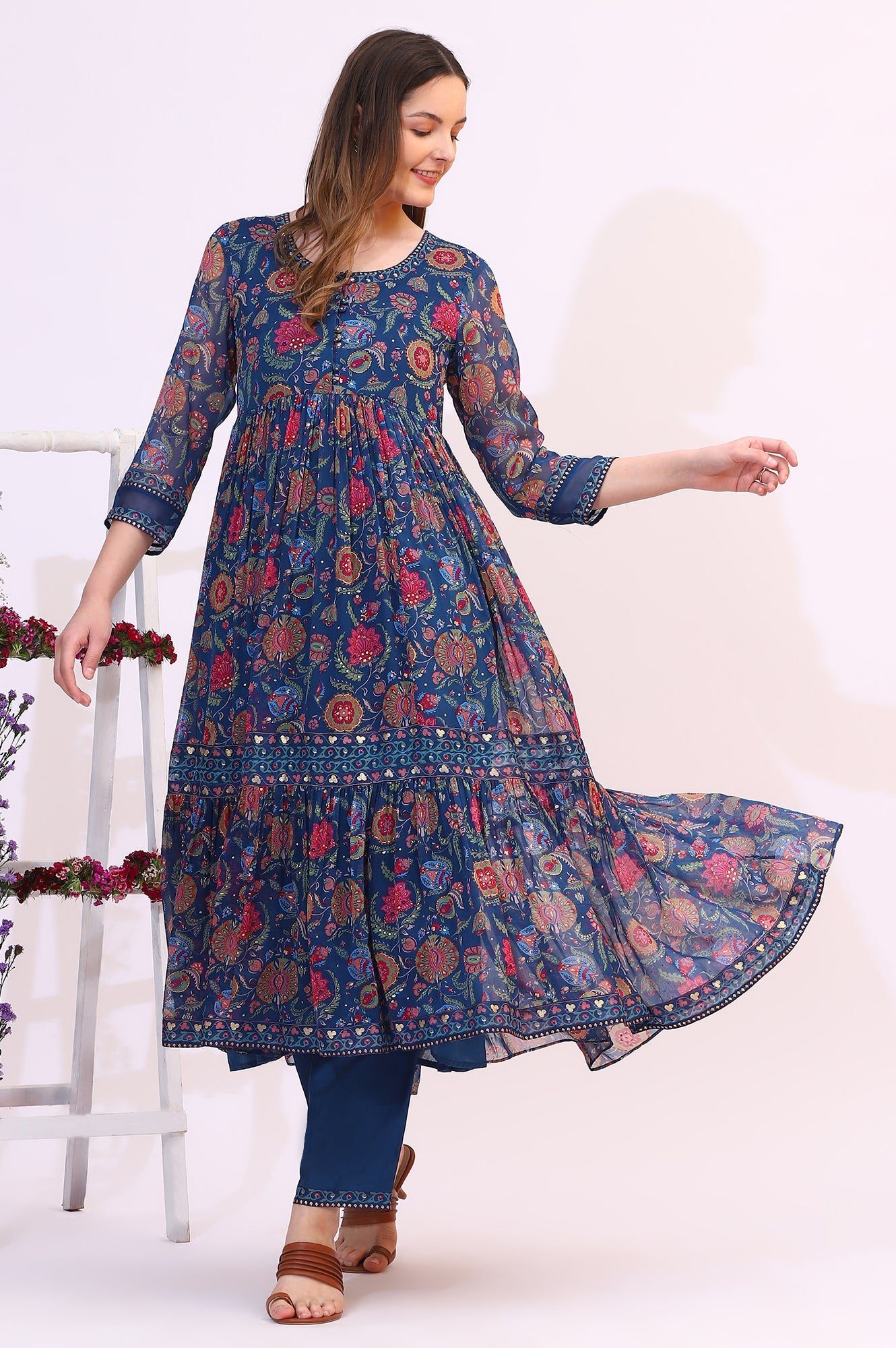 Blue Chintz Floral Printed Gathered Chiffon Anarkali Kurta