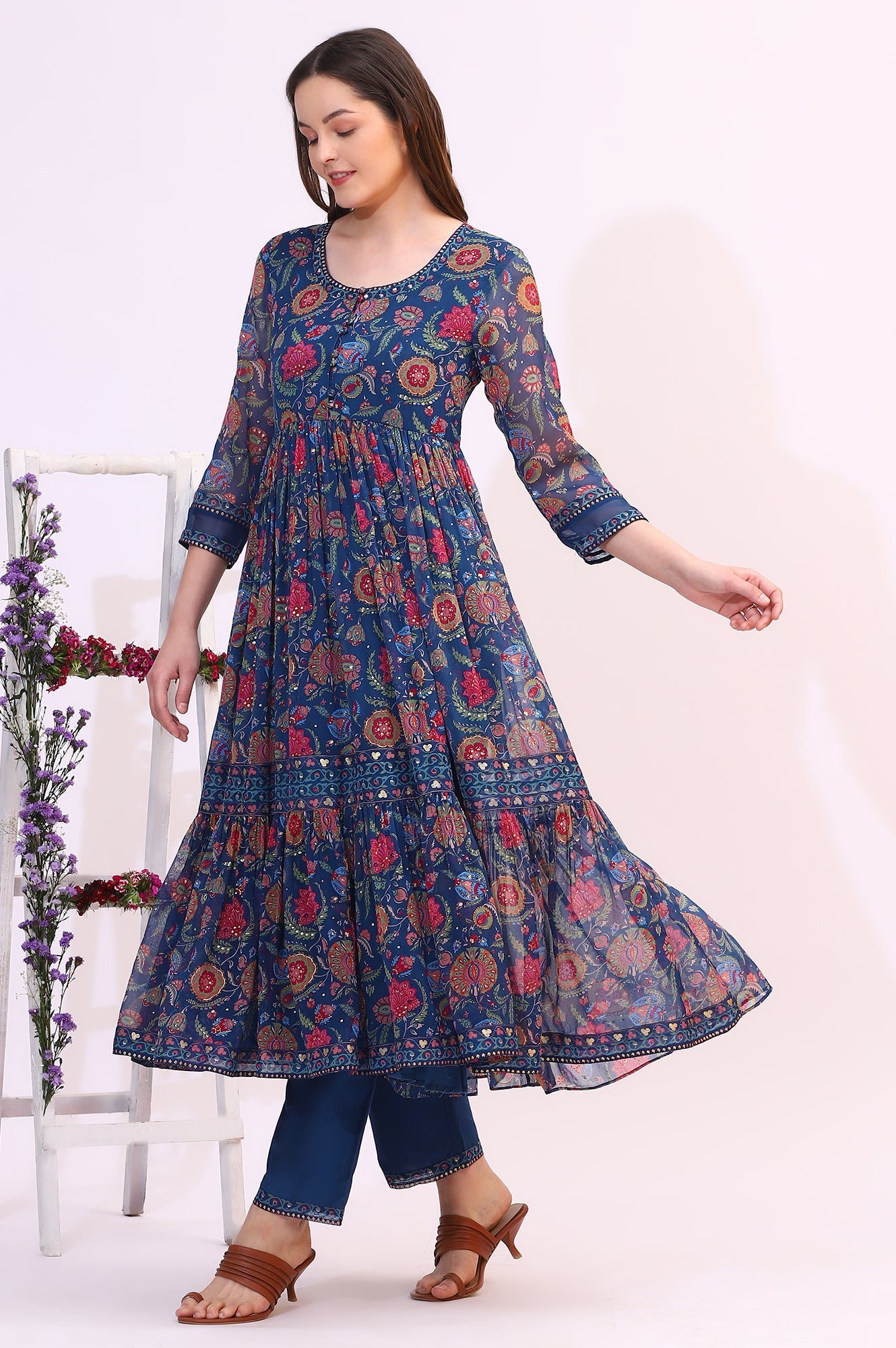 Blue Chintz Floral Printed Gathered Chiffon Anarkali Kurta