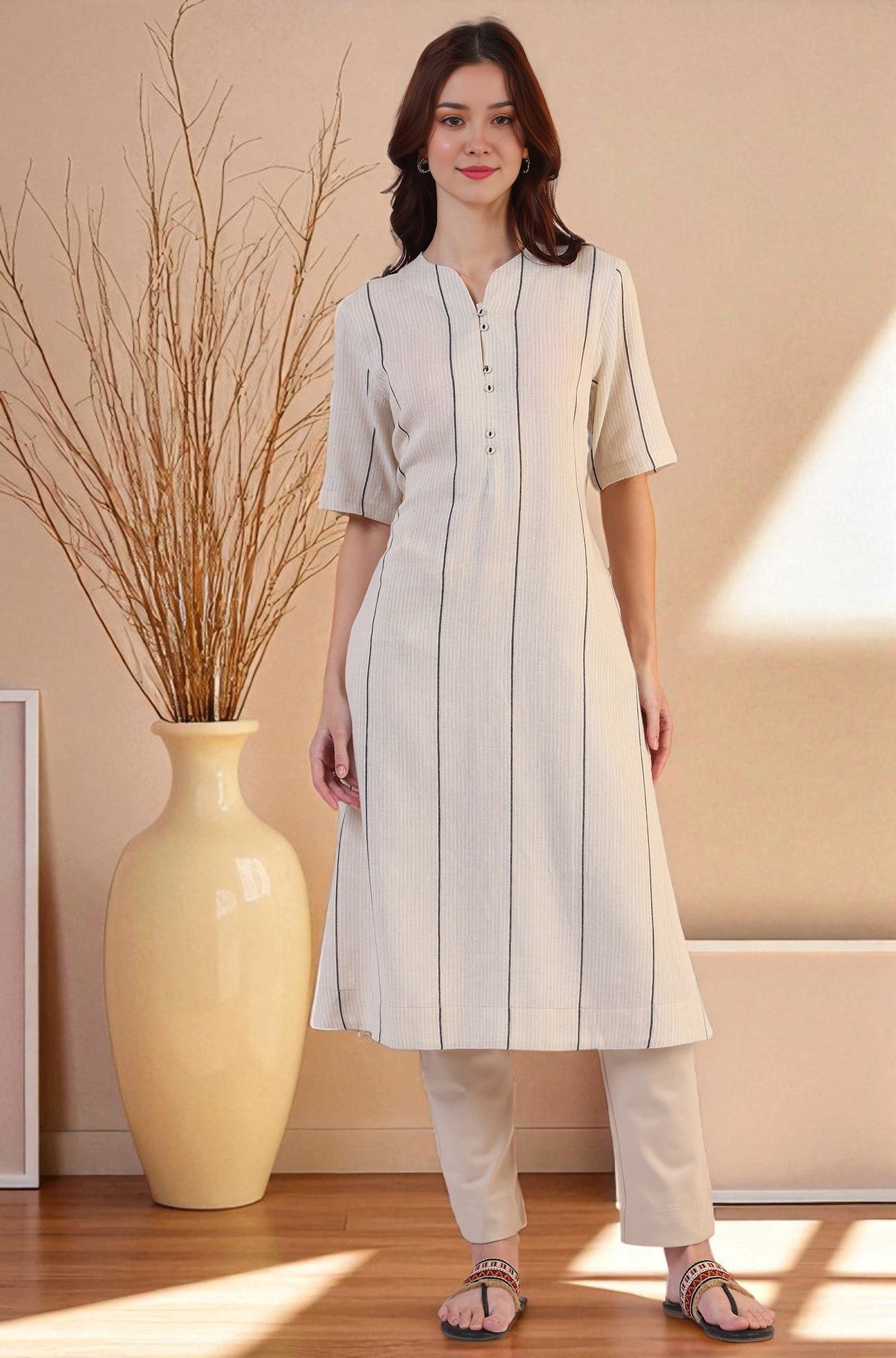 Light Beige Yarn Dyed Striped Short Sleeves Cotton Blend Kurta