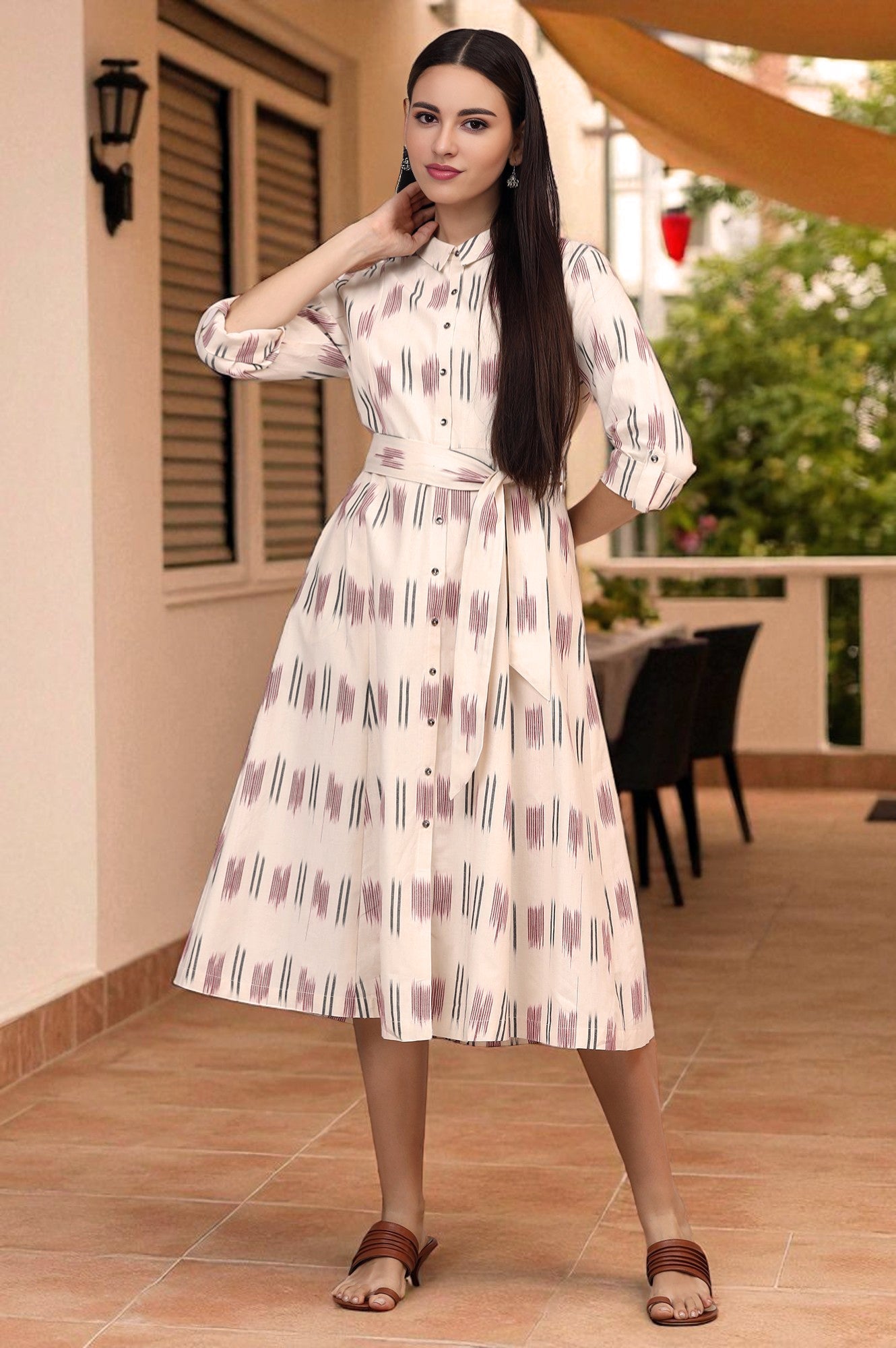 White Ikkat Pure Cotton A-line Shirt Dress with Belt
