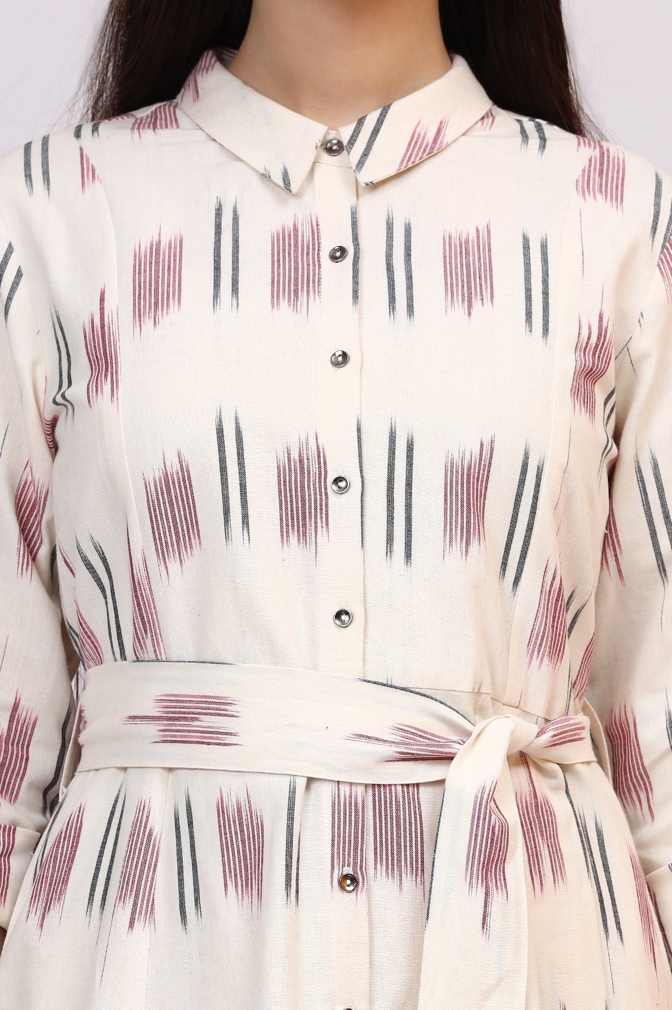 White Ikkat Pure Cotton A-line Shirt Dress with Belt