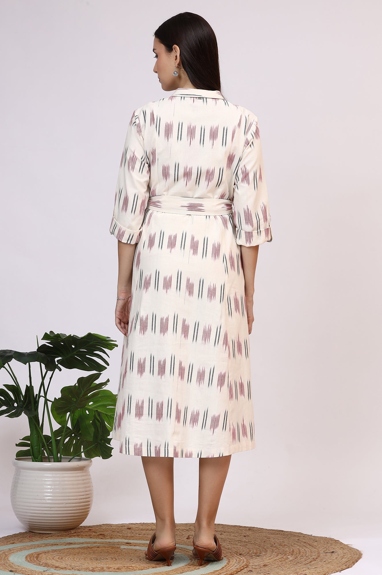 White Ikkat Pure Cotton A-line Shirt Dress with Belt