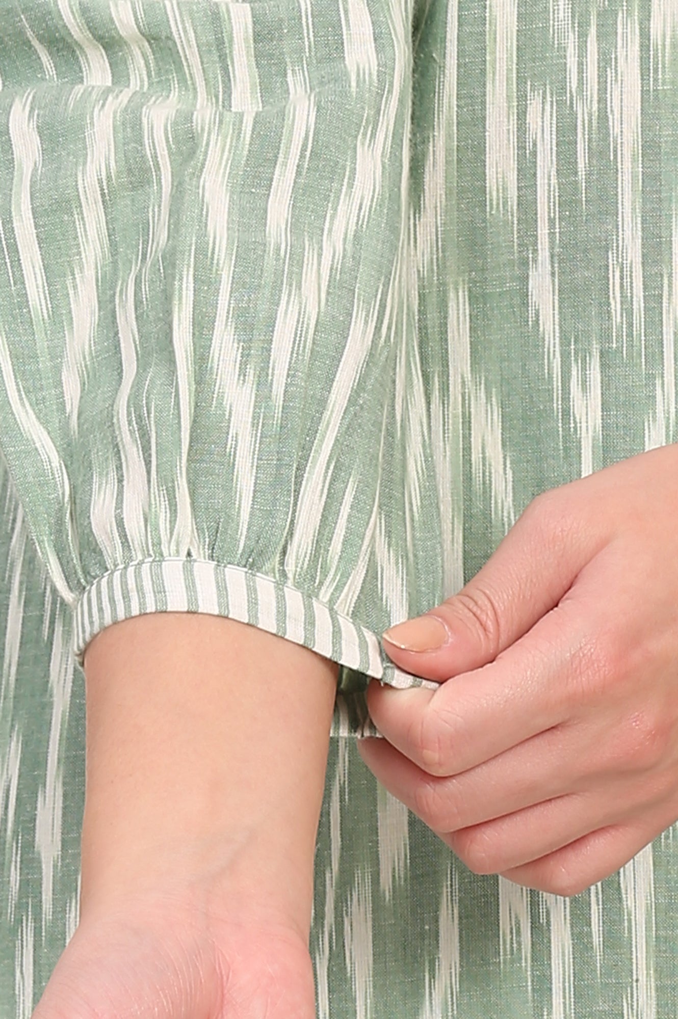 New Sage Green Ikat Printed A-Line Pure Cotton Kurta