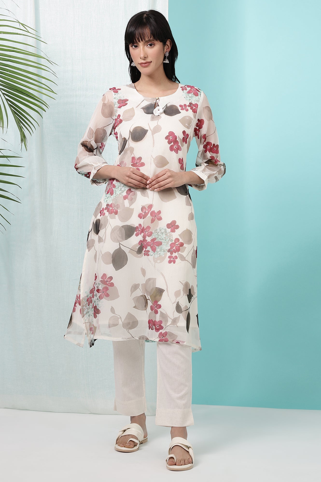 Off-White Floral Printed Chiffon Straight Kurta with Lace