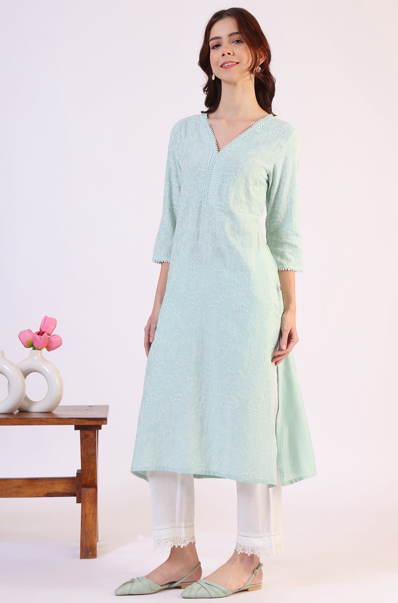 Blue Schiffli Embroidered Straight Rayon Kurta