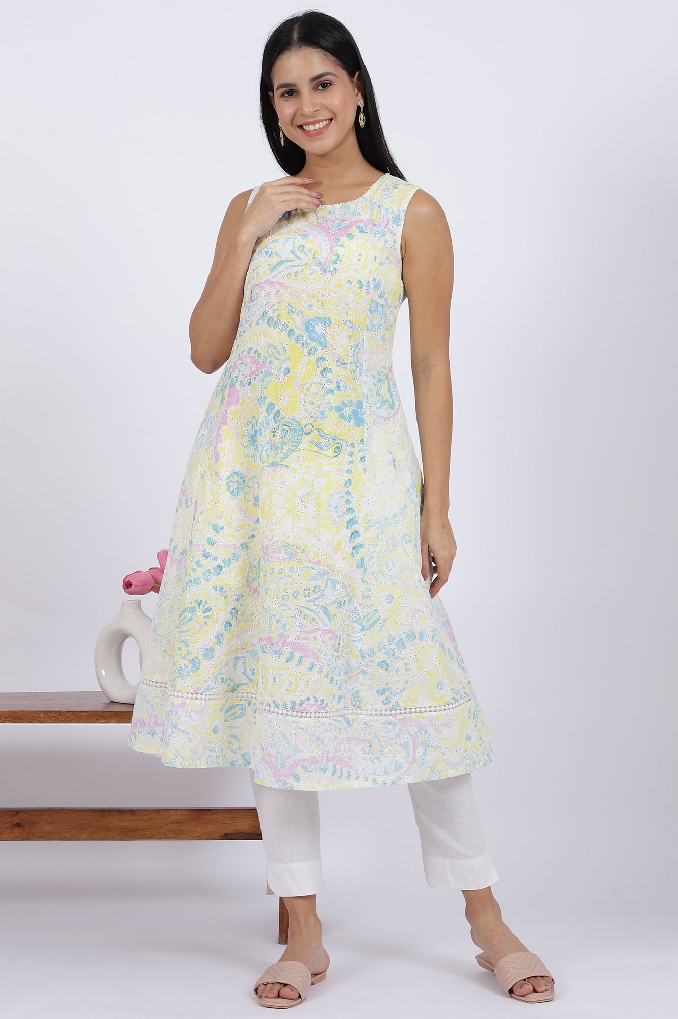Multicolor Printed Flared Pure Cotton Kurta