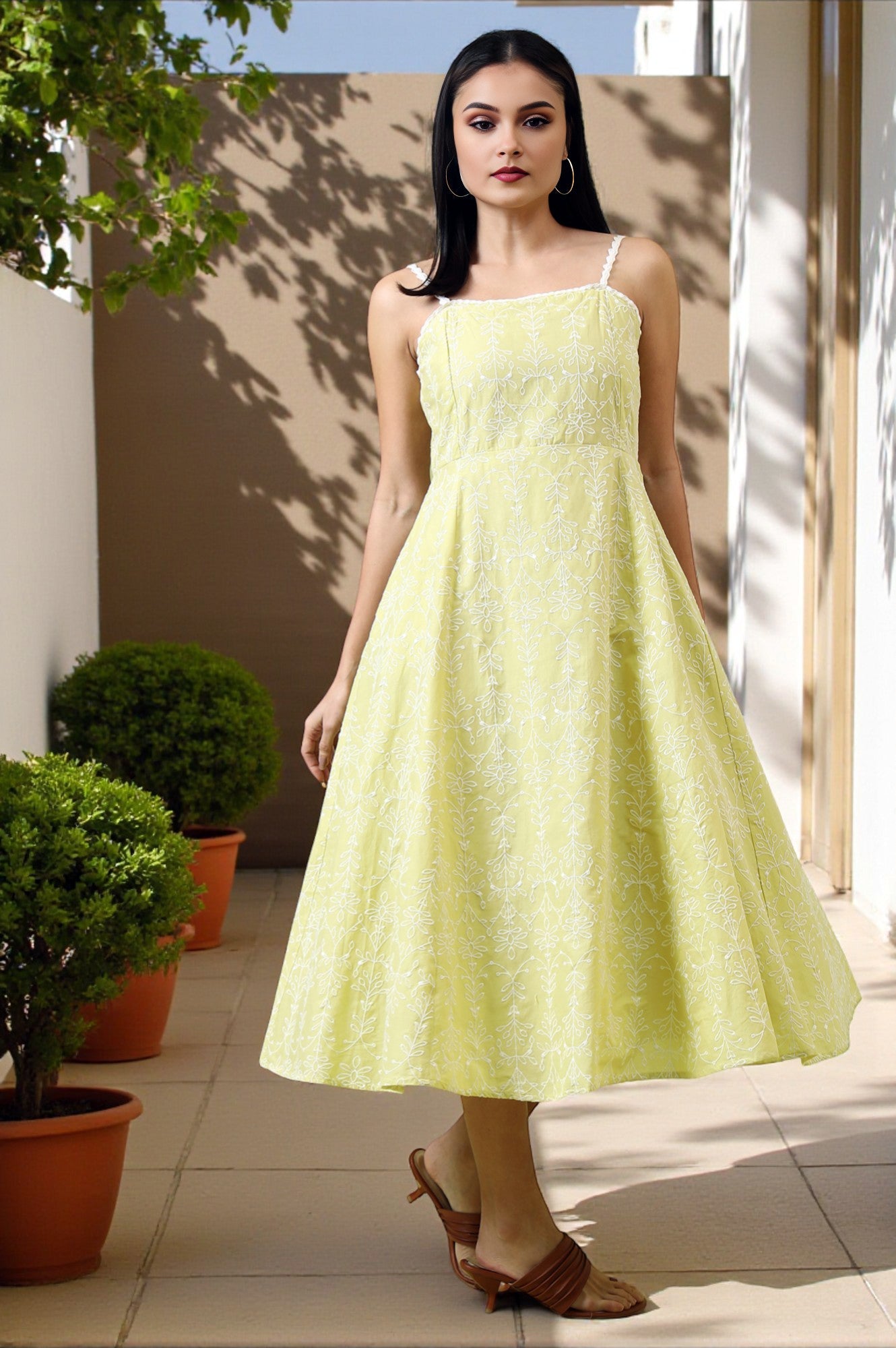 green schiffli dress W Lime Embroidered Pure Cotton Flared Spaghetti L fitted prom gown