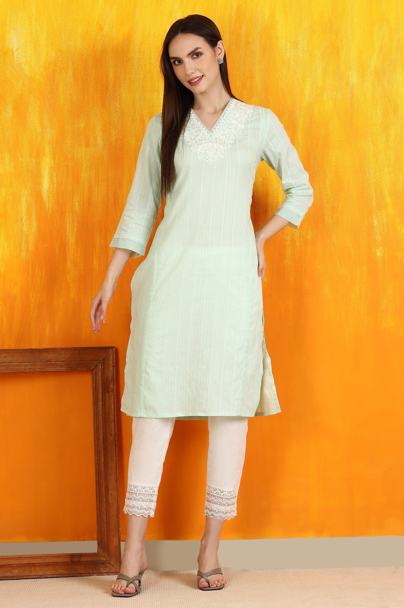 Mint Green Embroidered Cotton Lurex Stripes Straight Kurta
