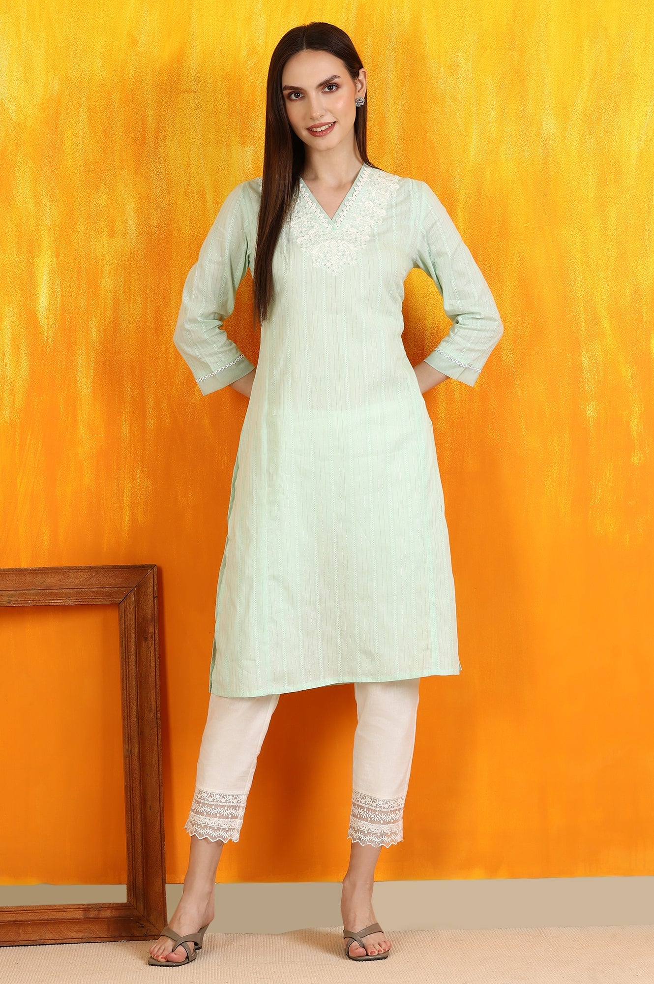 Mint Green Embroidered Cotton Lurex Stripes Straight Kurta