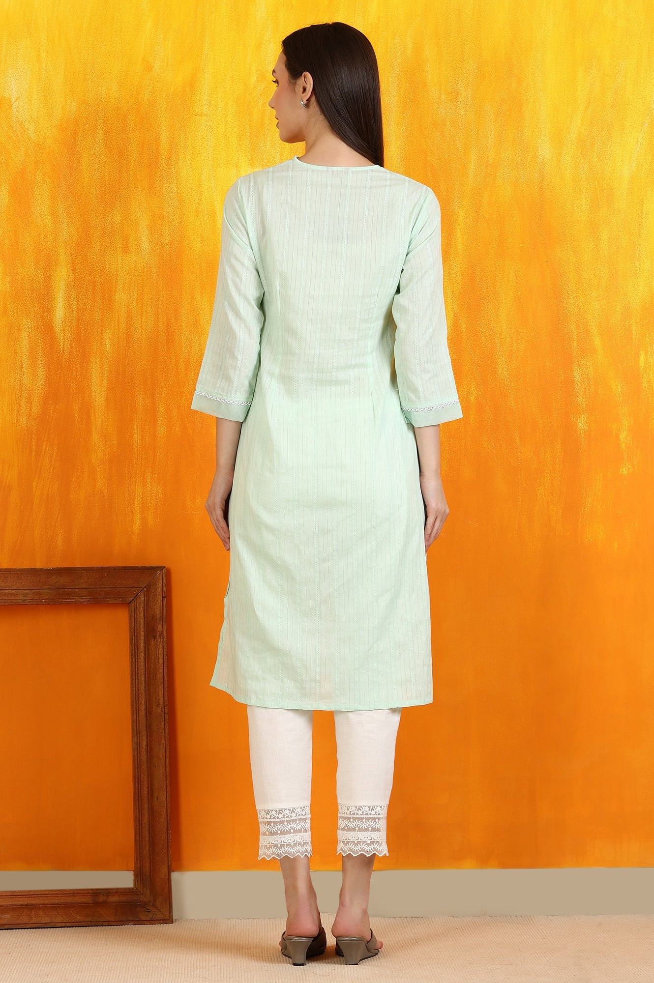 Mint Green Embroidered Cotton Lurex Stripes Straight Kurta