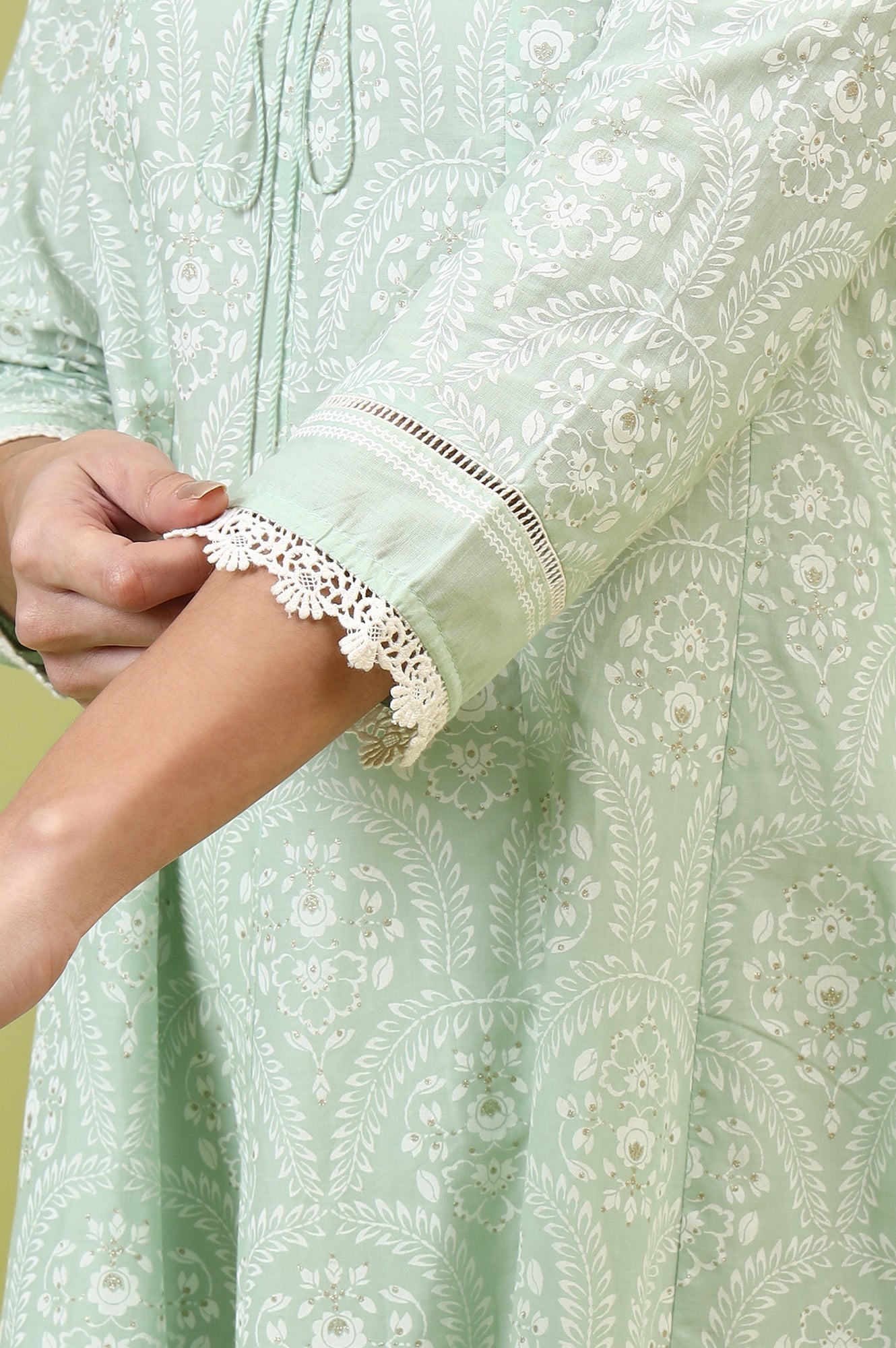 Mint Green Floral Printed Pure Cotton Anarkali Kurta