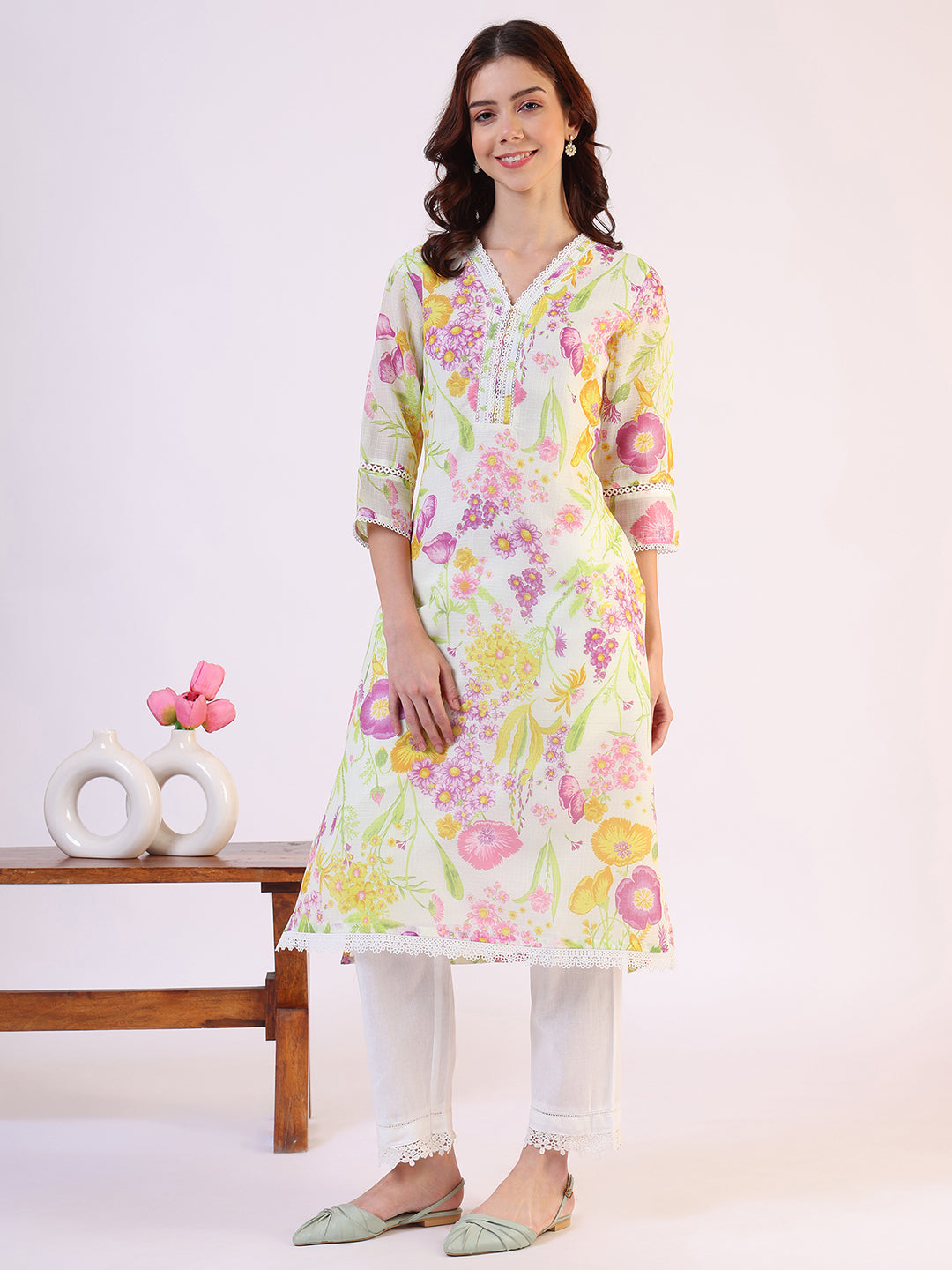 Cream Floral Printed Straight Kota Lace Kurta