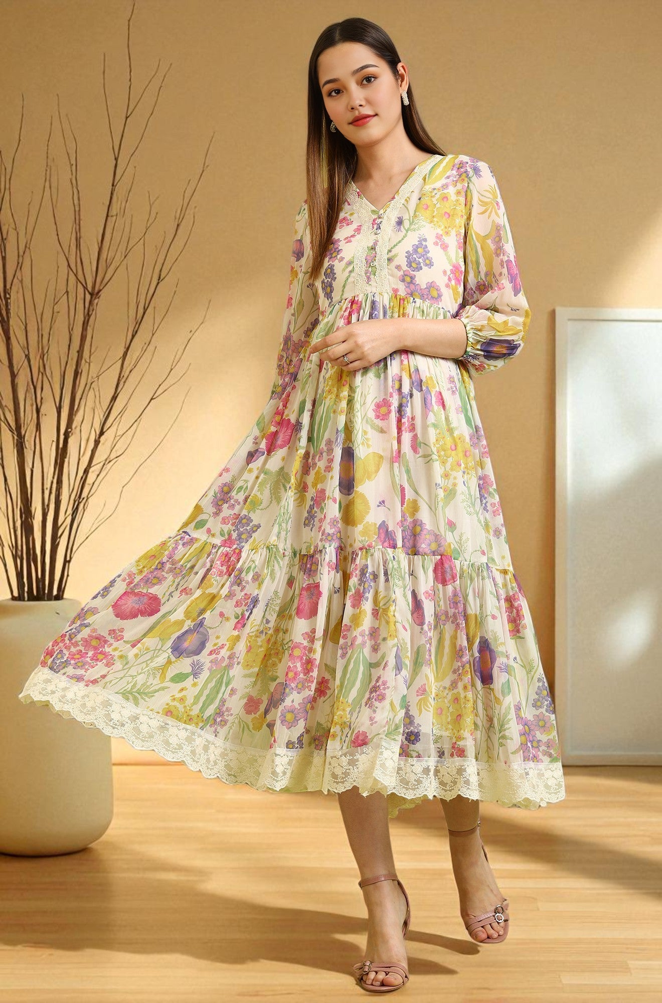 floral tiered chiffon dress Buy White Printed with Lace Detail Online at Low Prices Mini dress Color:Black Coffee off whi Emma Stone's Red Carpet Size Chart XS S