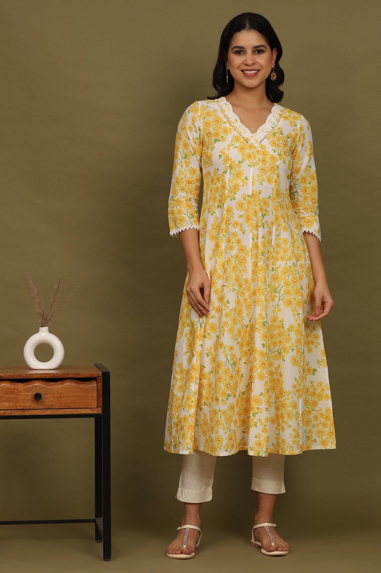 White and Yellow Floral Printed Pure Cotton Flared Kurta