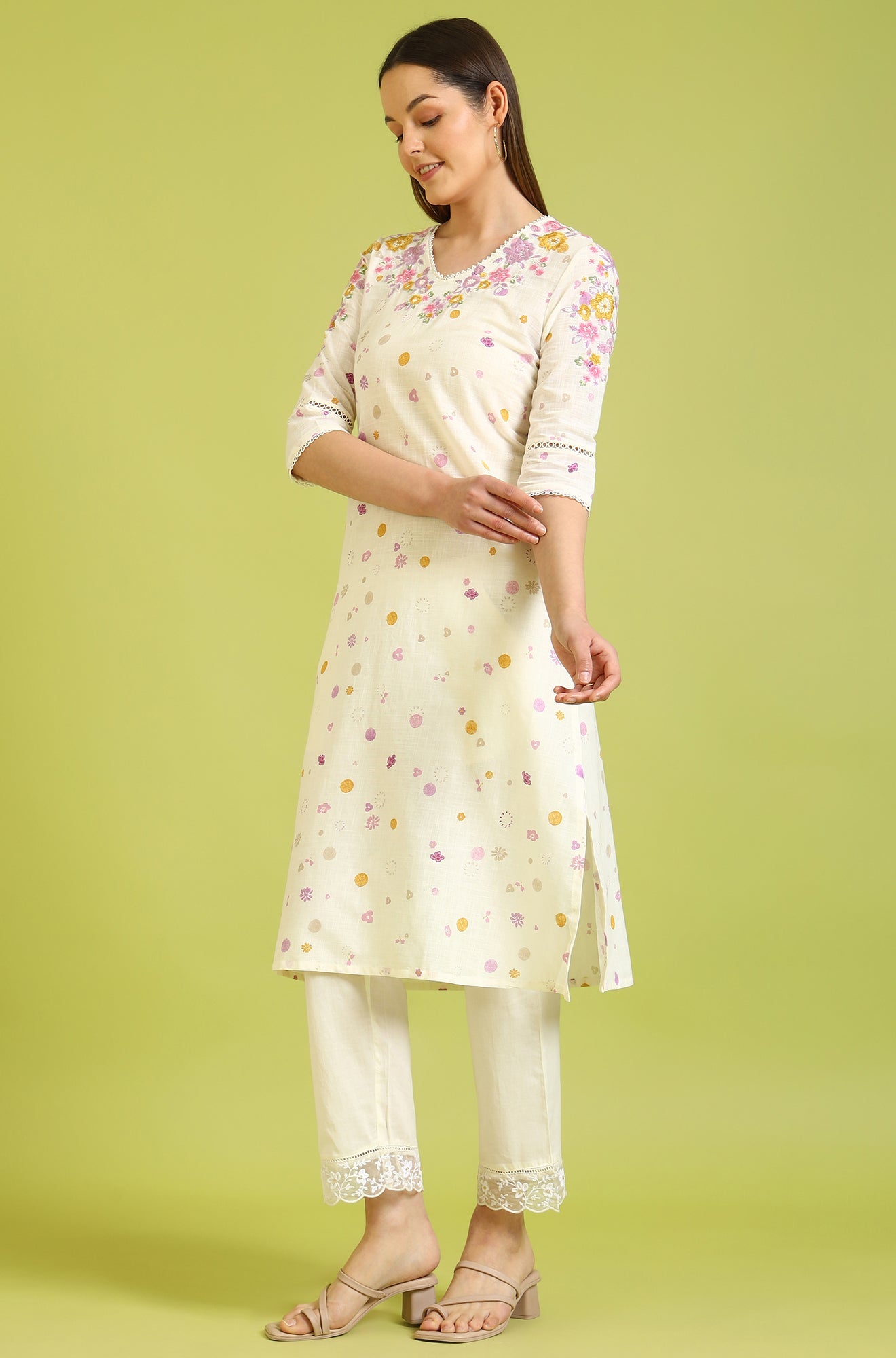 White Floral Printed A-Line Pure Cotton Kurta