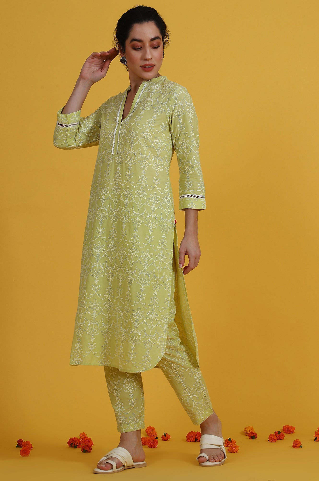 Green Embroidered Straight Pure Cotton Kurta