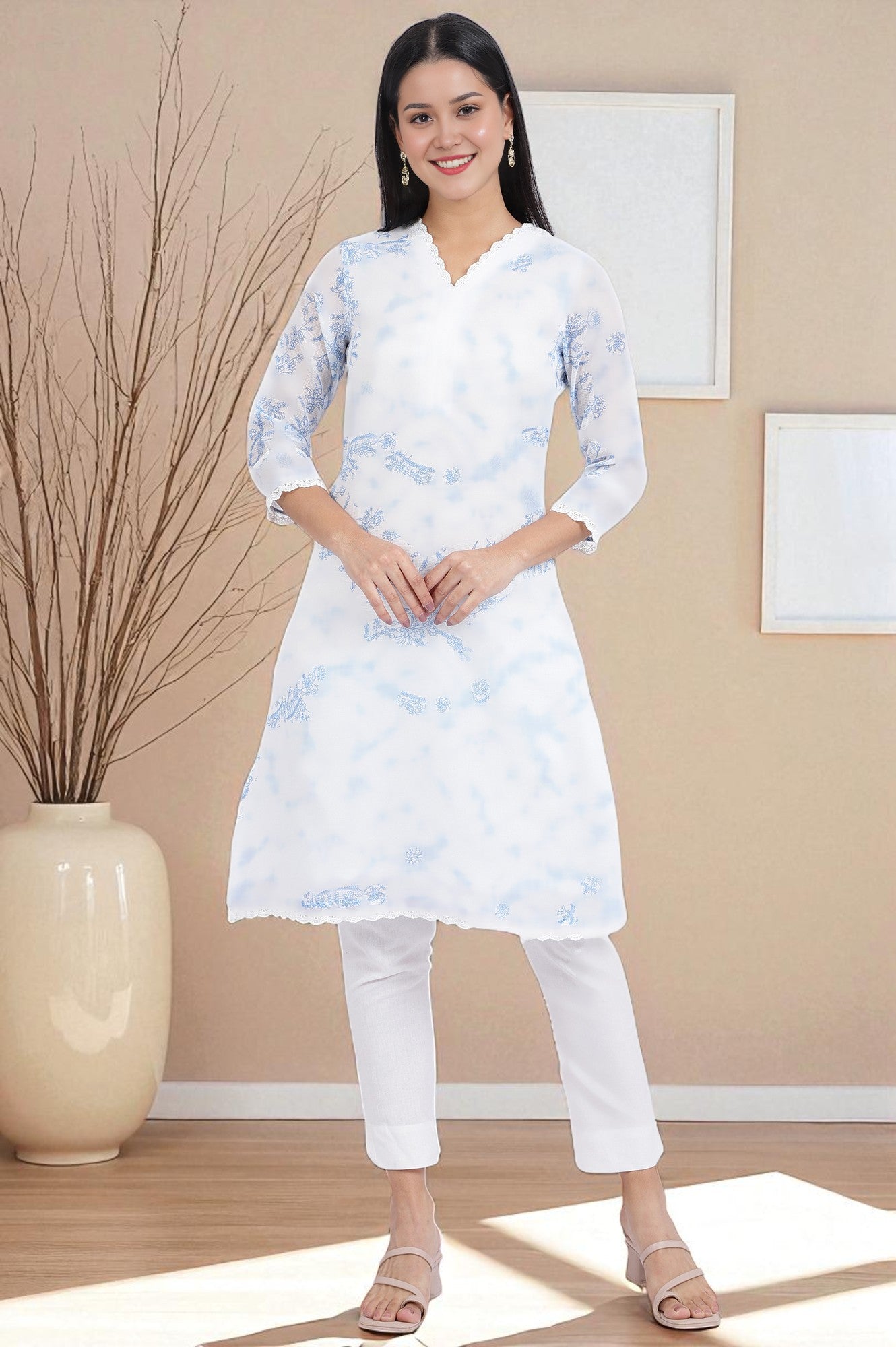 Beige Printed Lace Straight Polyester Kurta