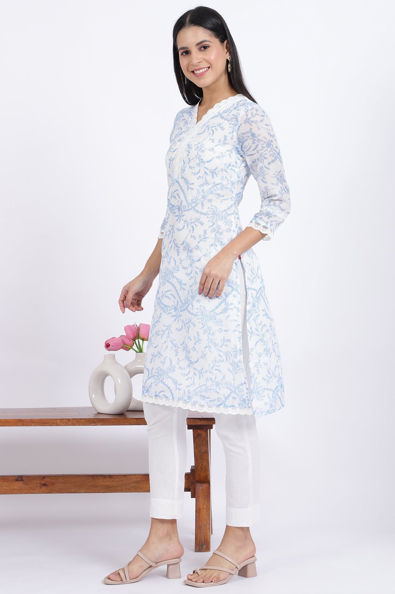 Beige Printed Lace Straight Polyester Kurta
