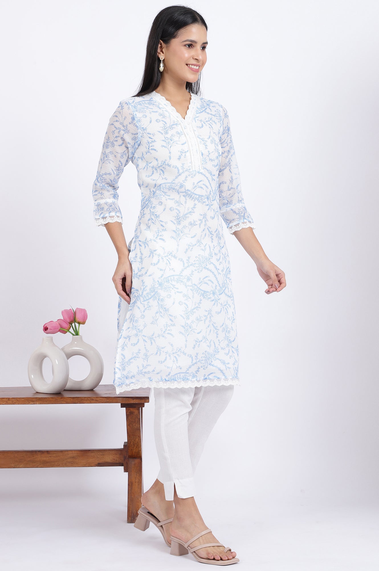 Beige Printed Lace Straight Polyester Kurta