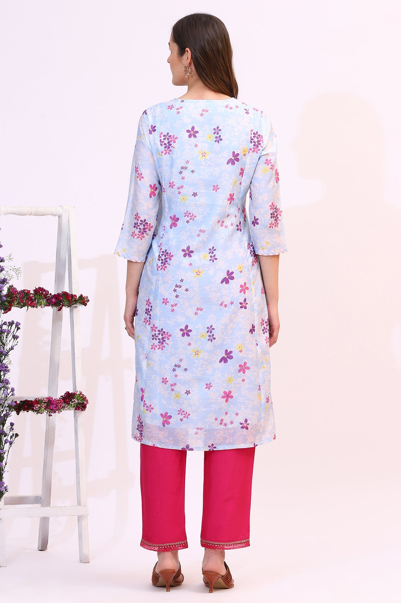 Sky Blue Floral Printed Sequined Chanderi Straight Kurta with Scalloped Neck