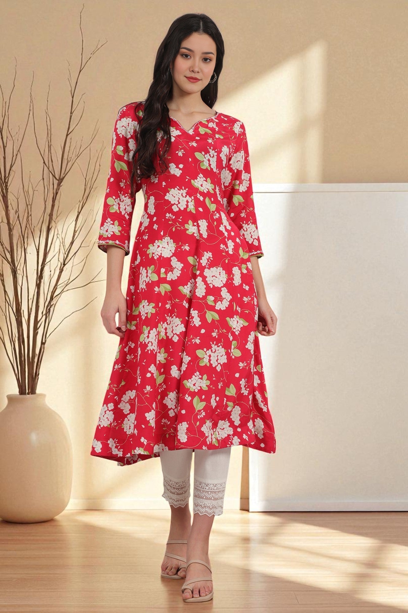 Red Floral Printed Rayon A-line Kurta