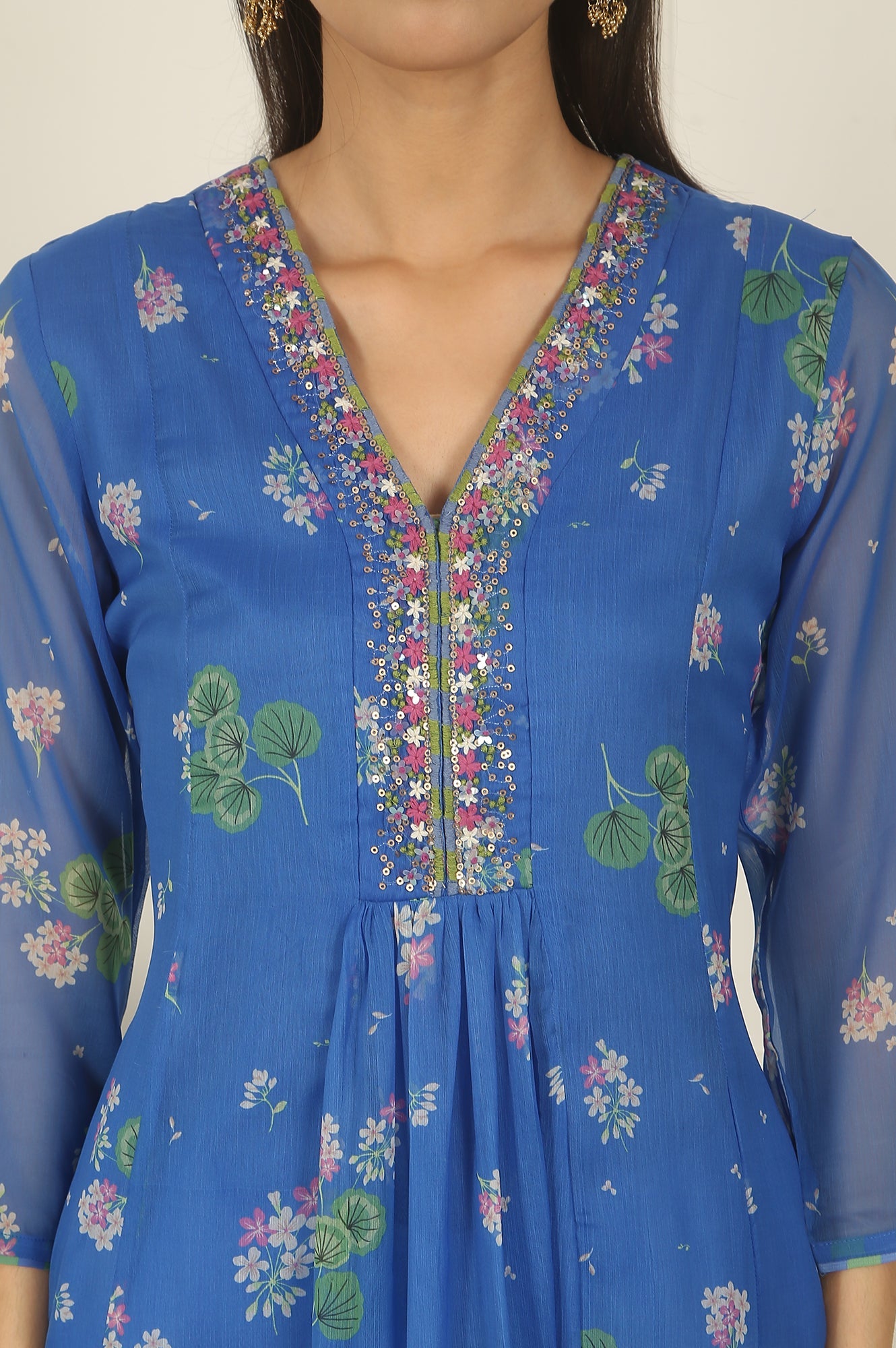 Blue Chiffon Floral Printed Gathered Kurta