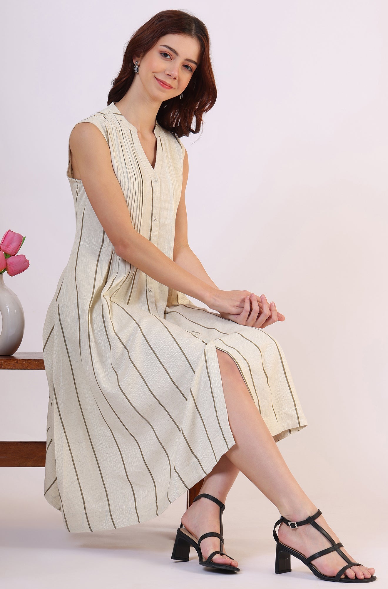 Off -White Striped Cotton Blend Flared Western Dress