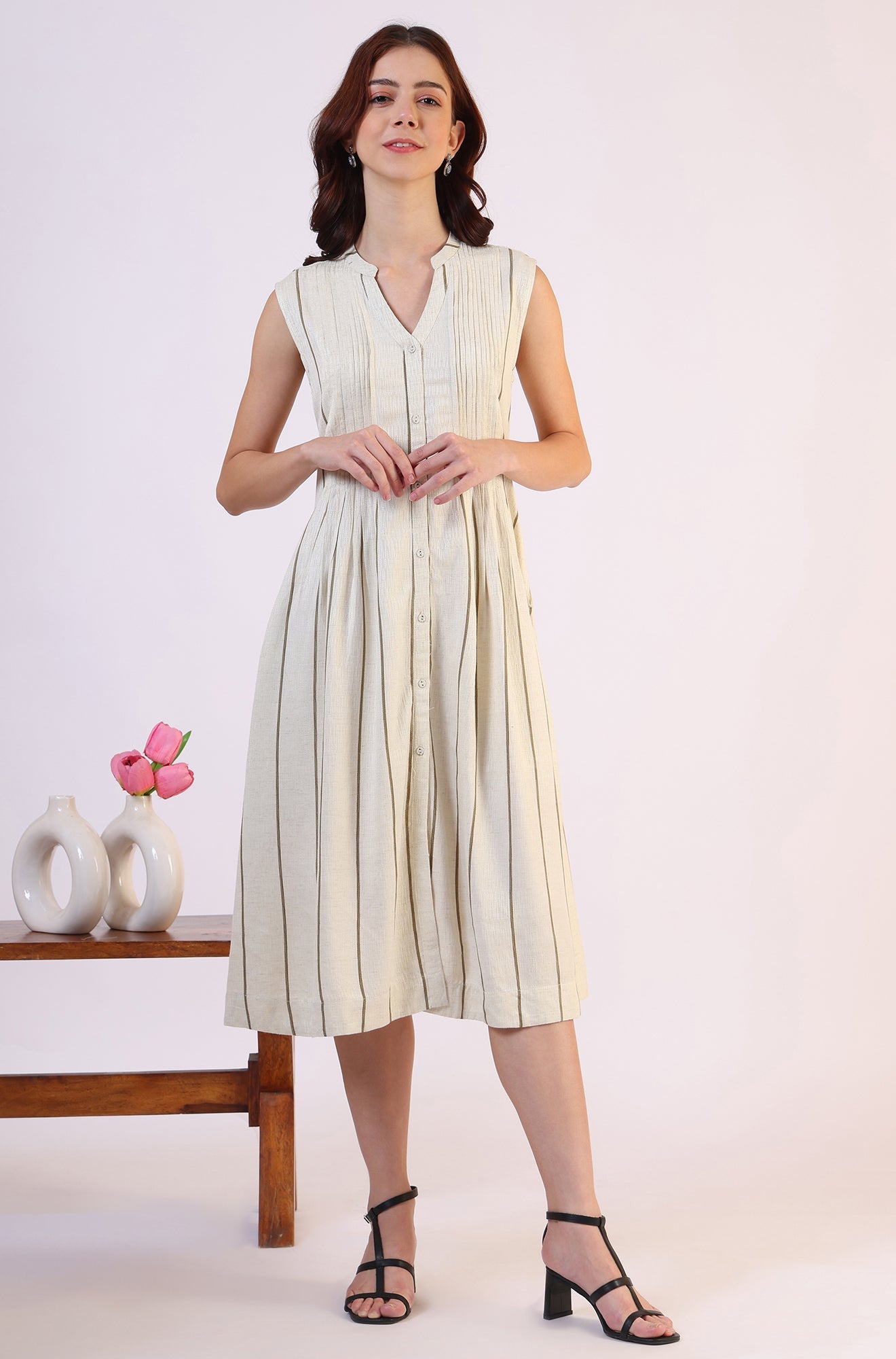 Off -White Striped Cotton Blend Flared Western Dress