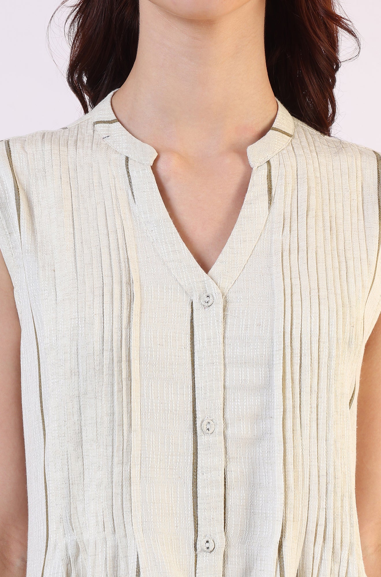 Off -White Striped Cotton Blend Flared Western Dress